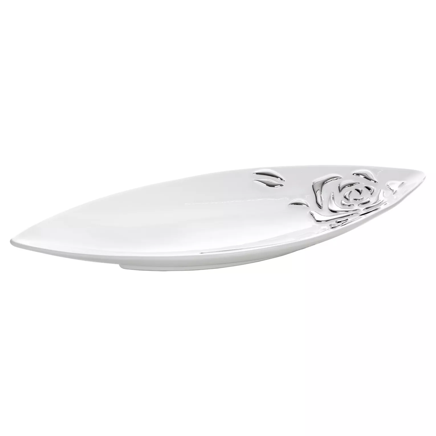 Patera ceramiczna dekoracyjna biało-srebrna  w kształcie łódki  zdobiona wypukłą różą 50x20x5 cm FLORESA