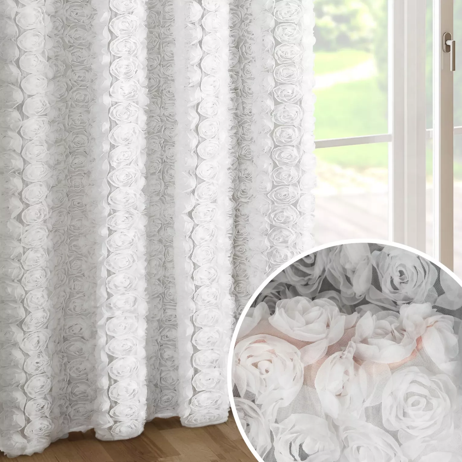 Zasłona biała z siateczki zdobiona różami 3D 140x270 cm taśma - ROSES1 Eva Minge