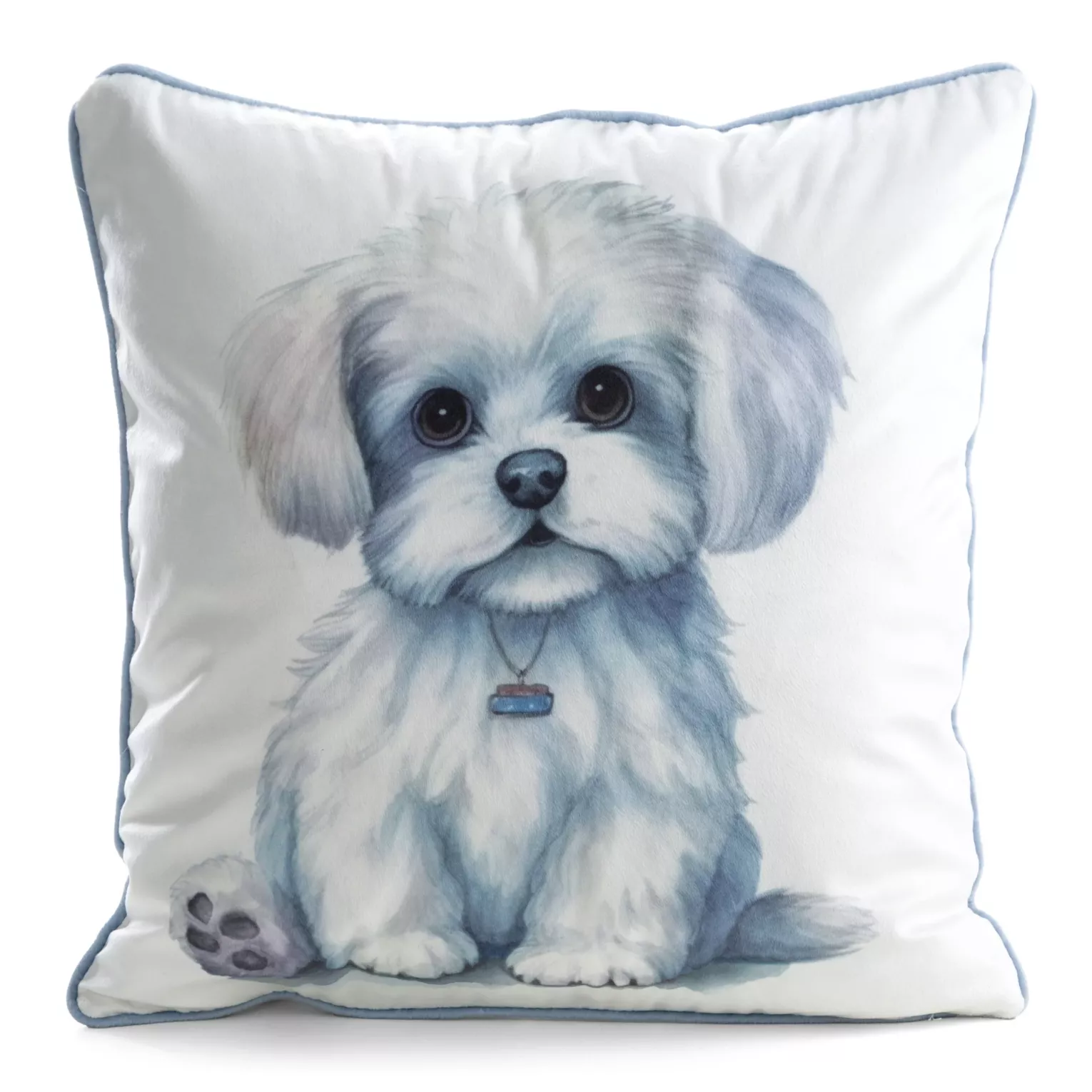 Poszewka na poduszkę 45x45 cm welwetowa biały, jasnoniebieski z motywem psa ANIMAL 84