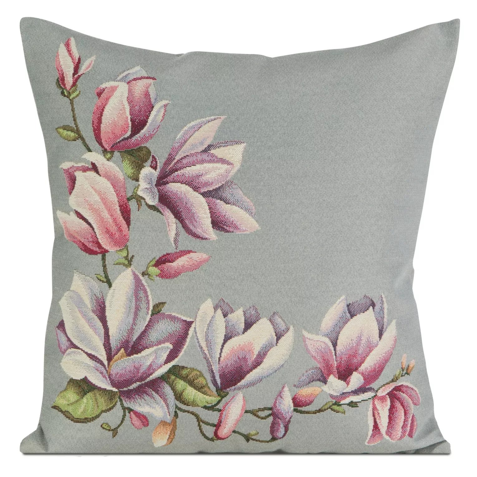 Poszewka na poduszkę 45x45 cm gobelinowa popielato, różowa z tkanym motywem kwitnących magnolii GOB