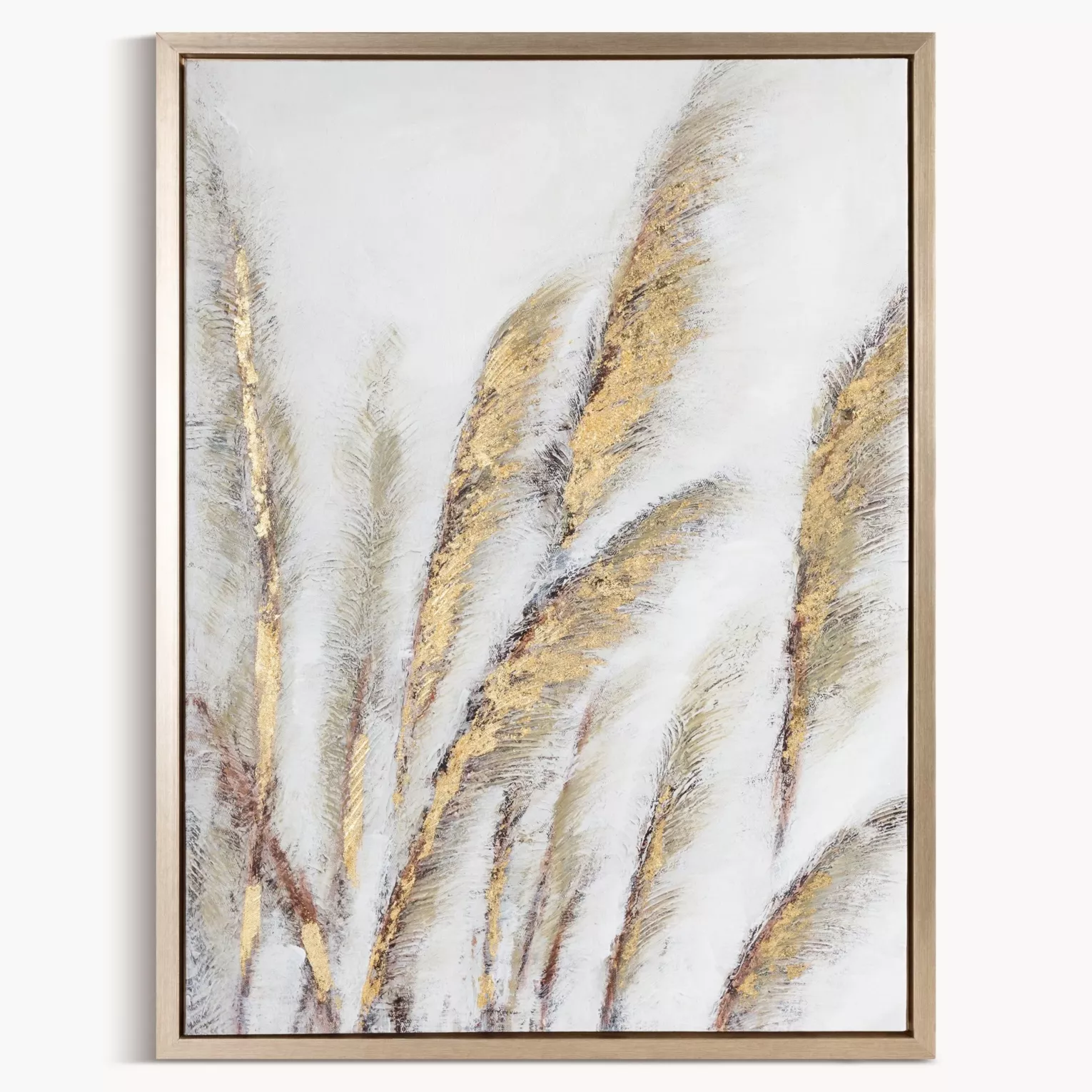 Obraz roślinny szaro, złocisty malowany ręcznie na płótnie z motywem trawy pampasowej 50x70 cm