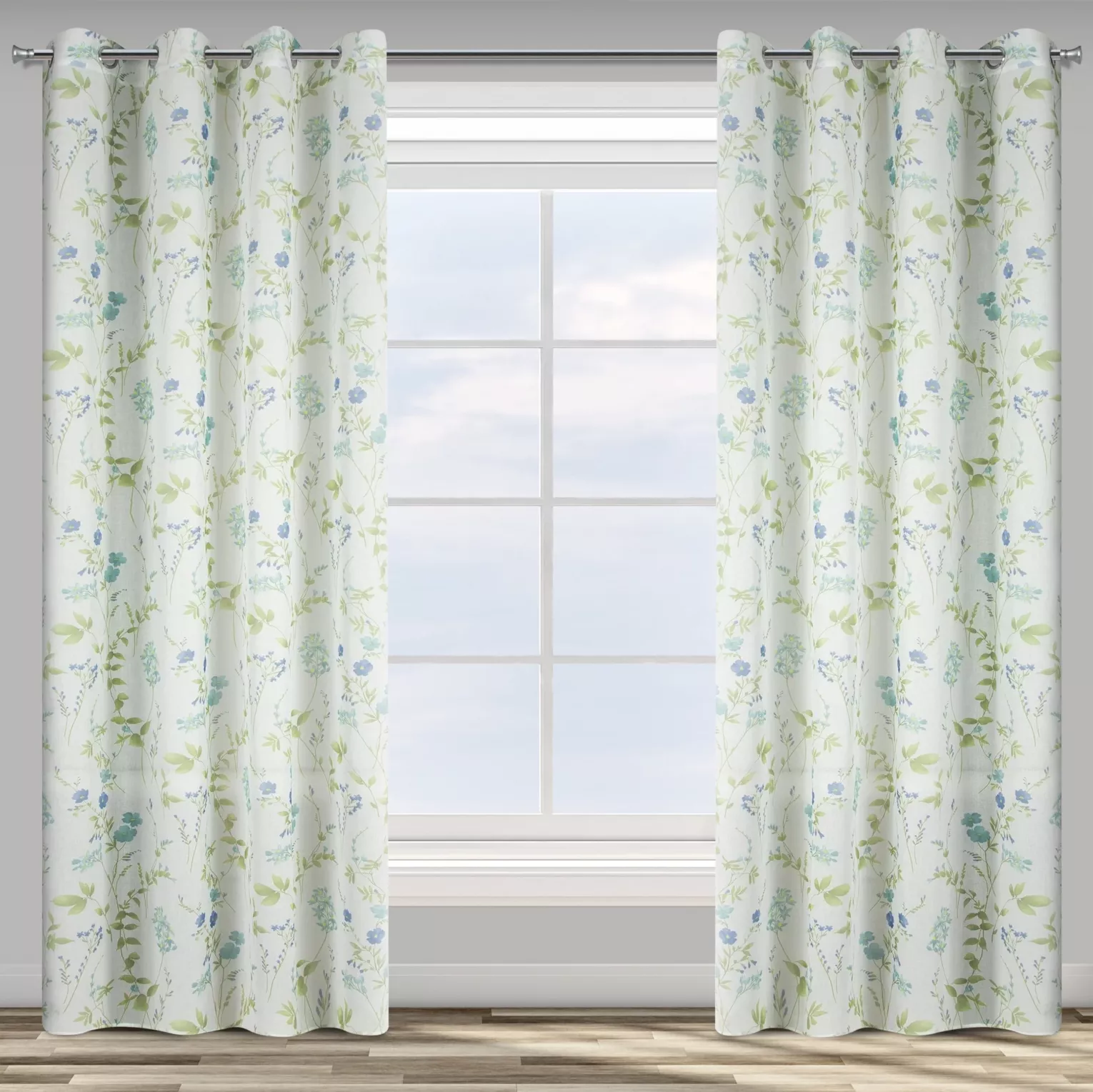 Dekoracja okienna biało, niebieska z lekkiej matowej etaminy z nadrukiem kwiatów 140x250 cm przelotka MIA Design 91