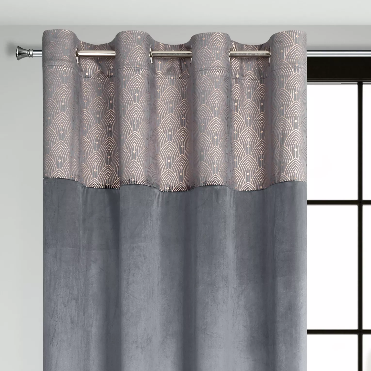 Zasłona grafitowa z aplikacją z błyszczącego welwetu 140x250 cm przelotka - AGNES - Design 91