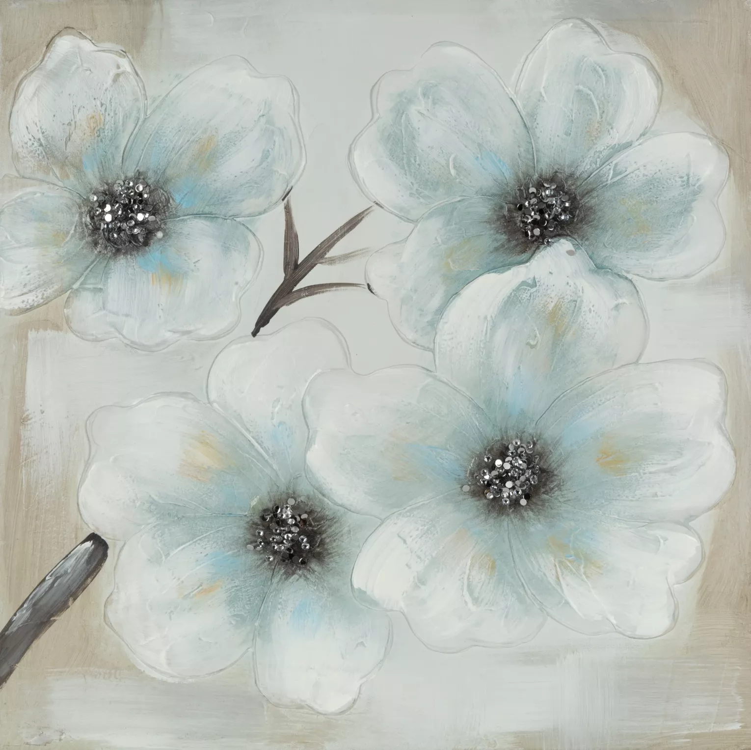 Obraz kwiatowy beżowo, jasnoniebieski ręcznie malowany na płótnie 60x60 cm BLOOM