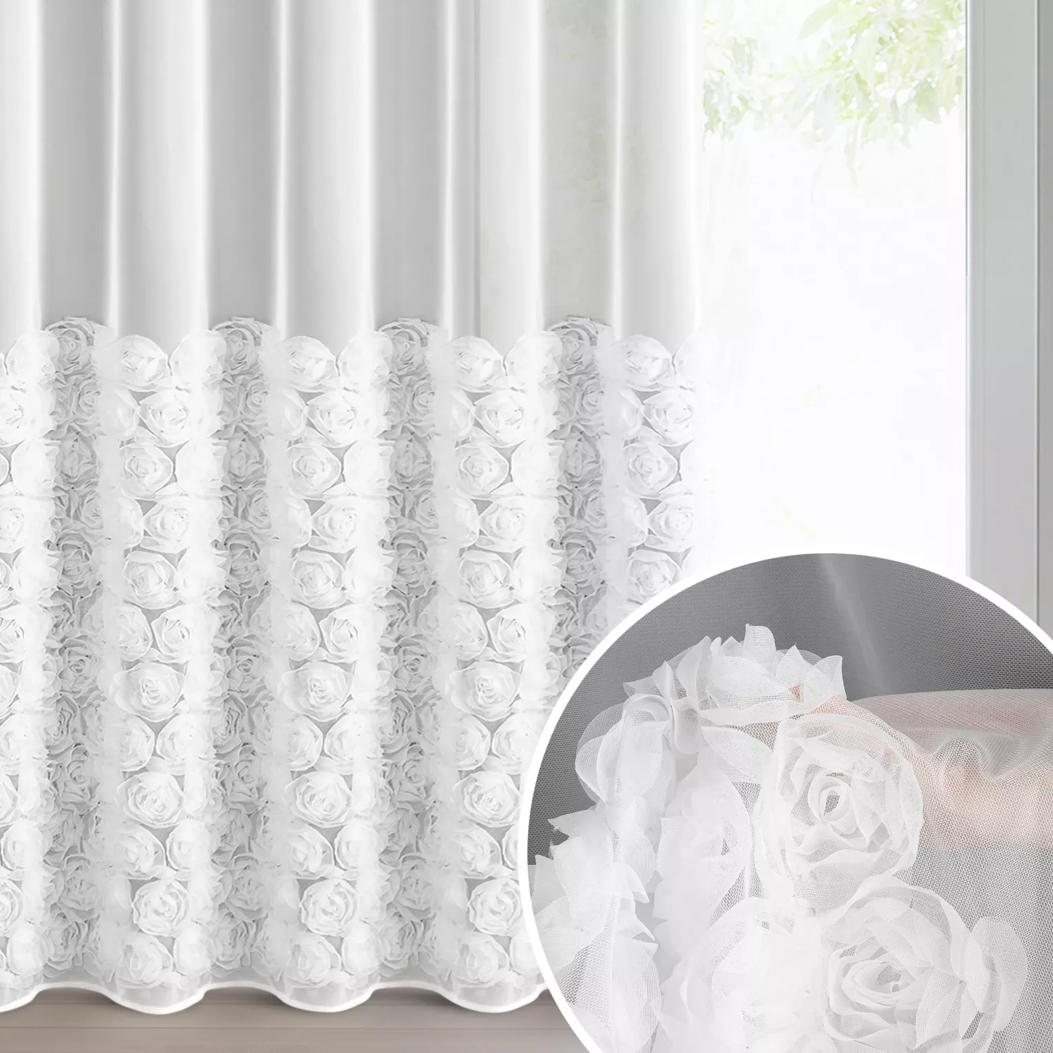 Firana biała z siateczki zdobiona aplikacją 3D w róże 140x270 cm taśma - ROSES2 - Eva Minge