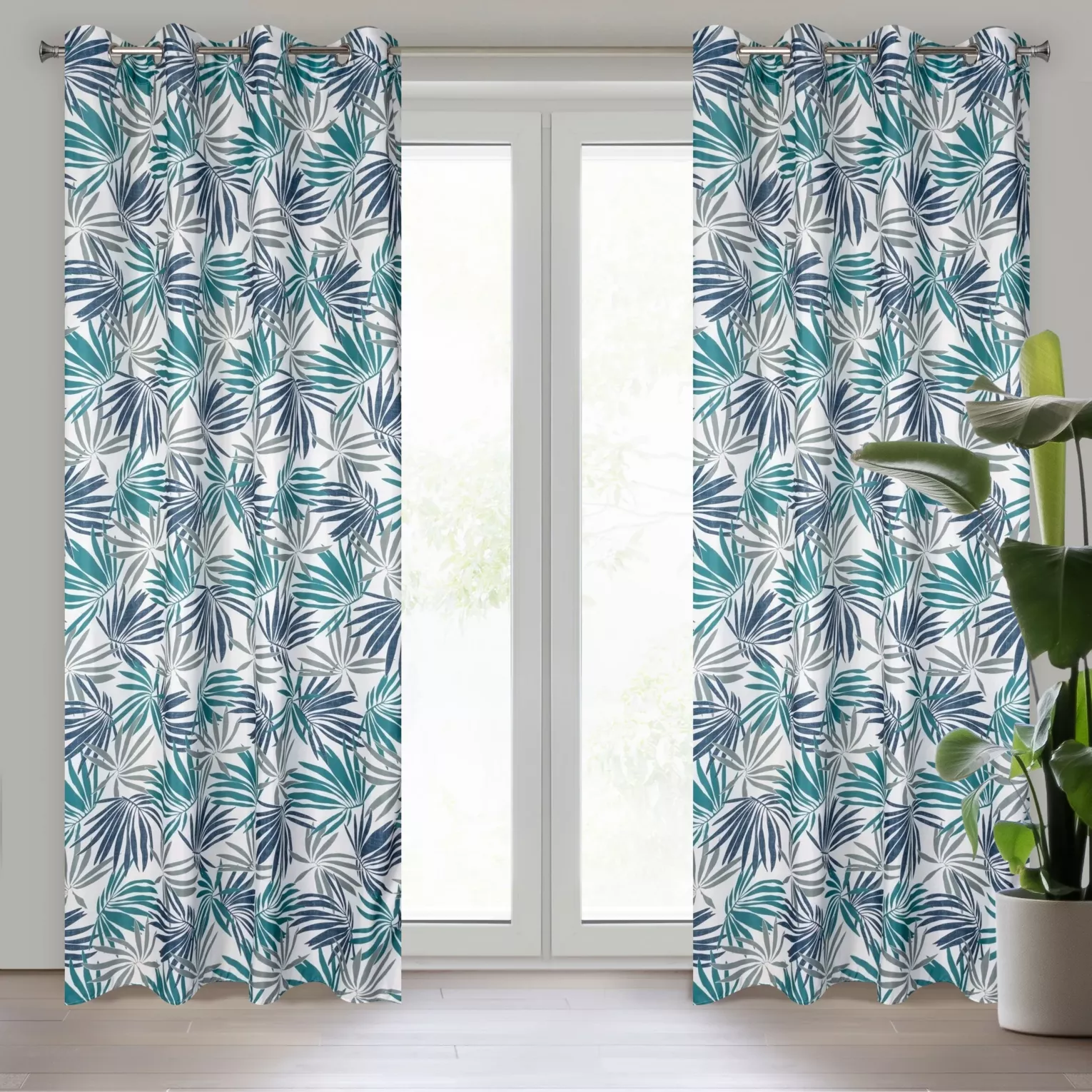 Zasłona biało, turkusowa we wzór liści 140x250 cm przelotka - ELINA - Design 91
