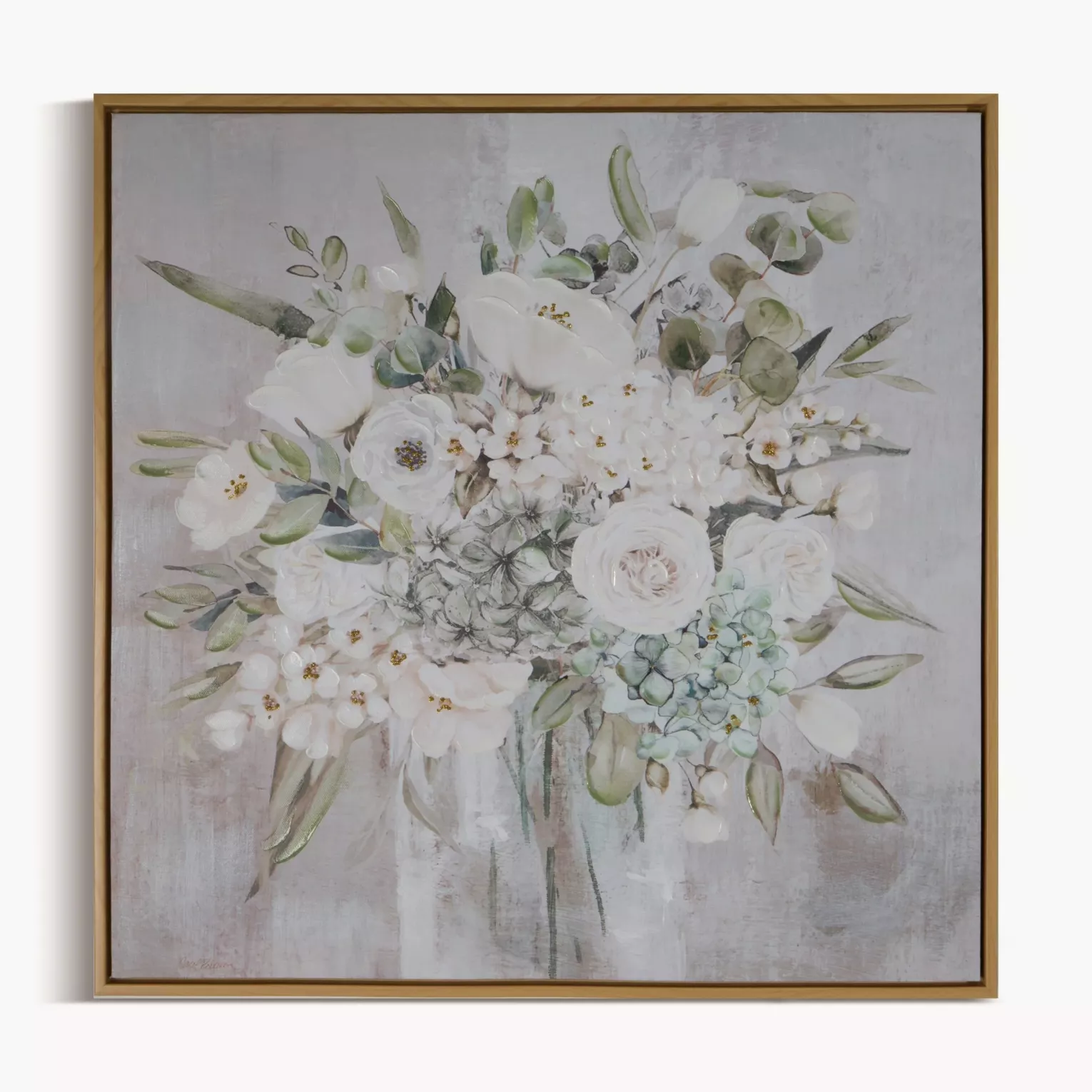 Obraz roślinny beżowo, biały ręcznie malowany na płótnie 60x60 cm