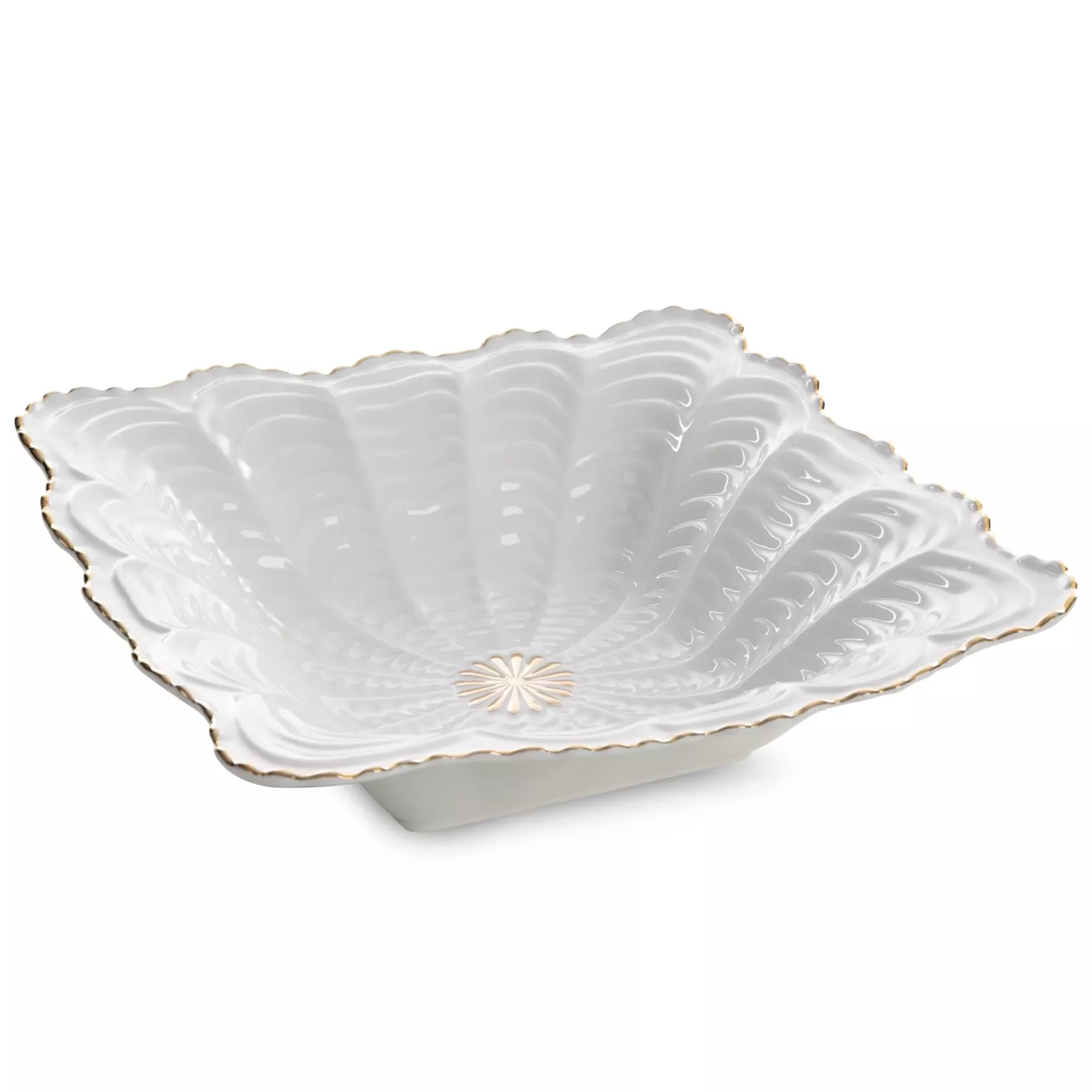 Misa ceramiczna dekoracyjna kremowo-złota  zdobiona wypukłym wzorem i złotymi akcentami 27x27x7 cm GAIA