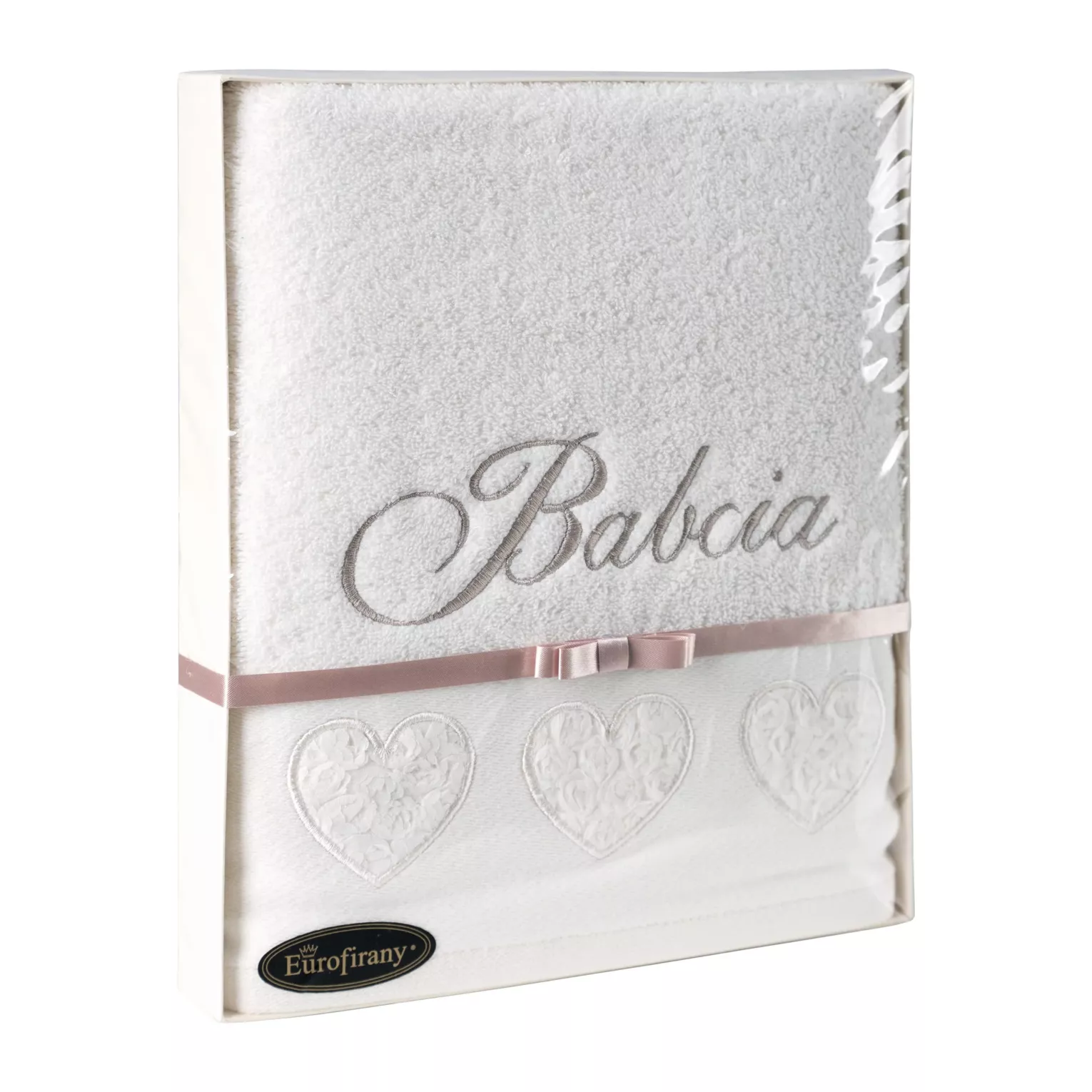 Zestaw upominkowy, ręcznik bawełniany 50x90 cm kolor kremowy z haftem BABCIA