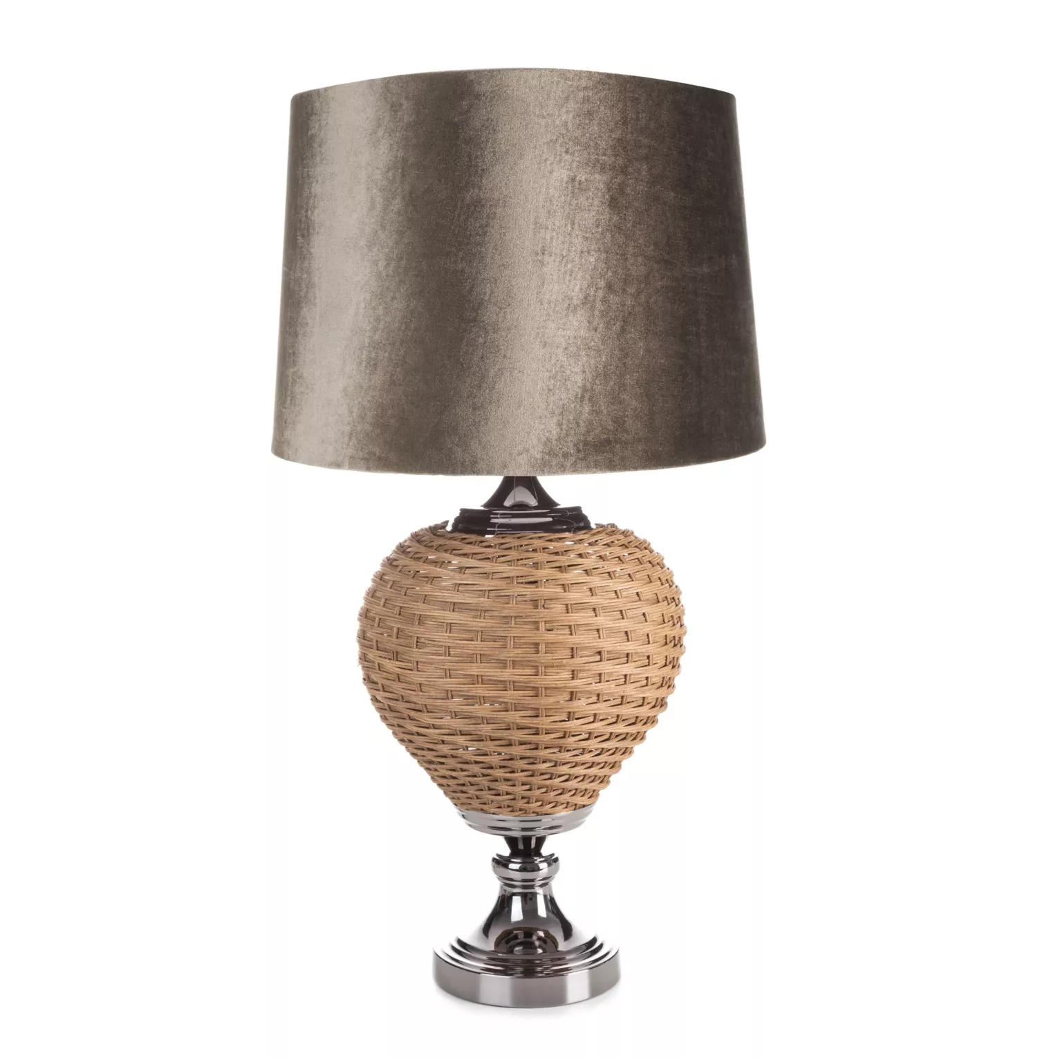 Lampa stołowa do pokoju ciemnobeżowa PATI w stylu boho z plecioną podstawą i welwetowym abażurem