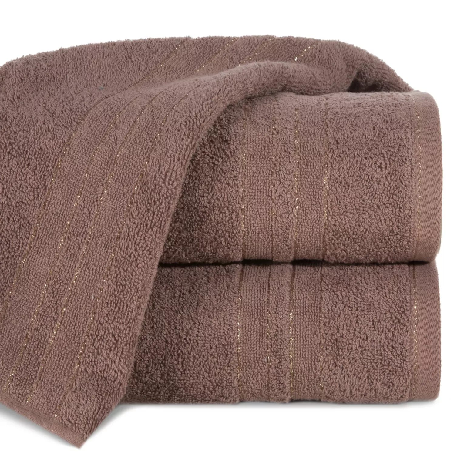 Ręcznik kąpielowy 50x90 cm bawełniany kolor jasnobrązowy z bordiurą w paski podkreślone błyszczącą nicią 500 g/m2 GALA
