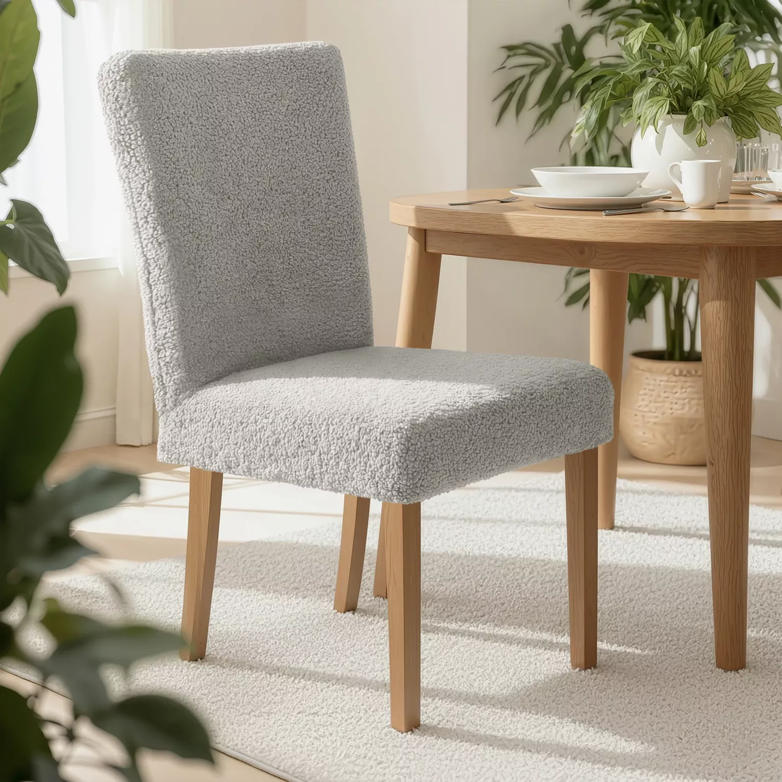 Pokrowiec na krzesło srebrny wodoodporny  o strukturze boucle Design 91