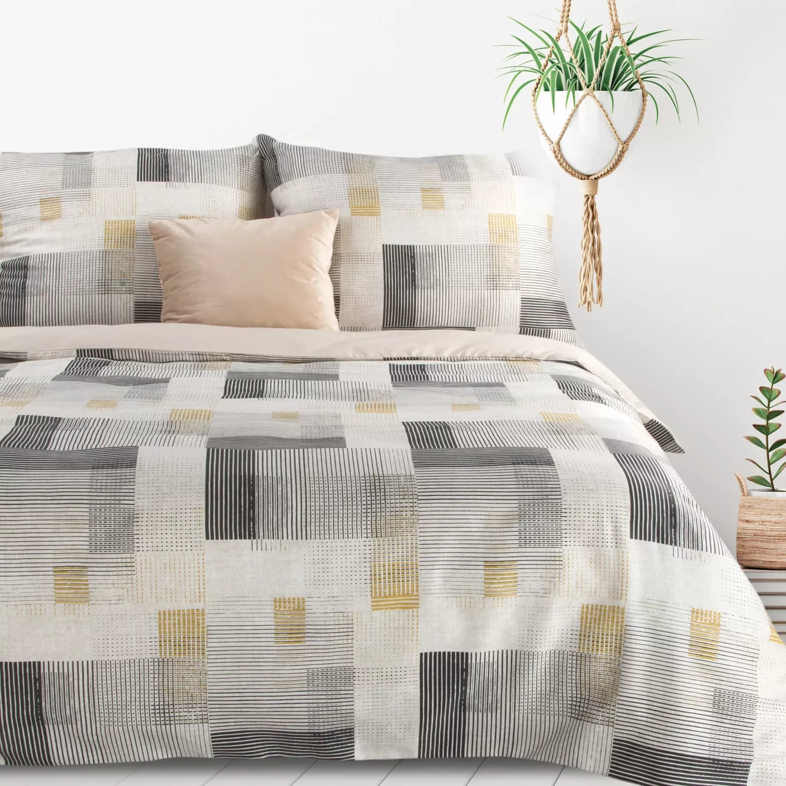 Pościel 220x200 cm komplet 3 częściowy z mieszanki włókien kolor kremowy, stalowy z motywem geometrycznym LEA 6 Design 91