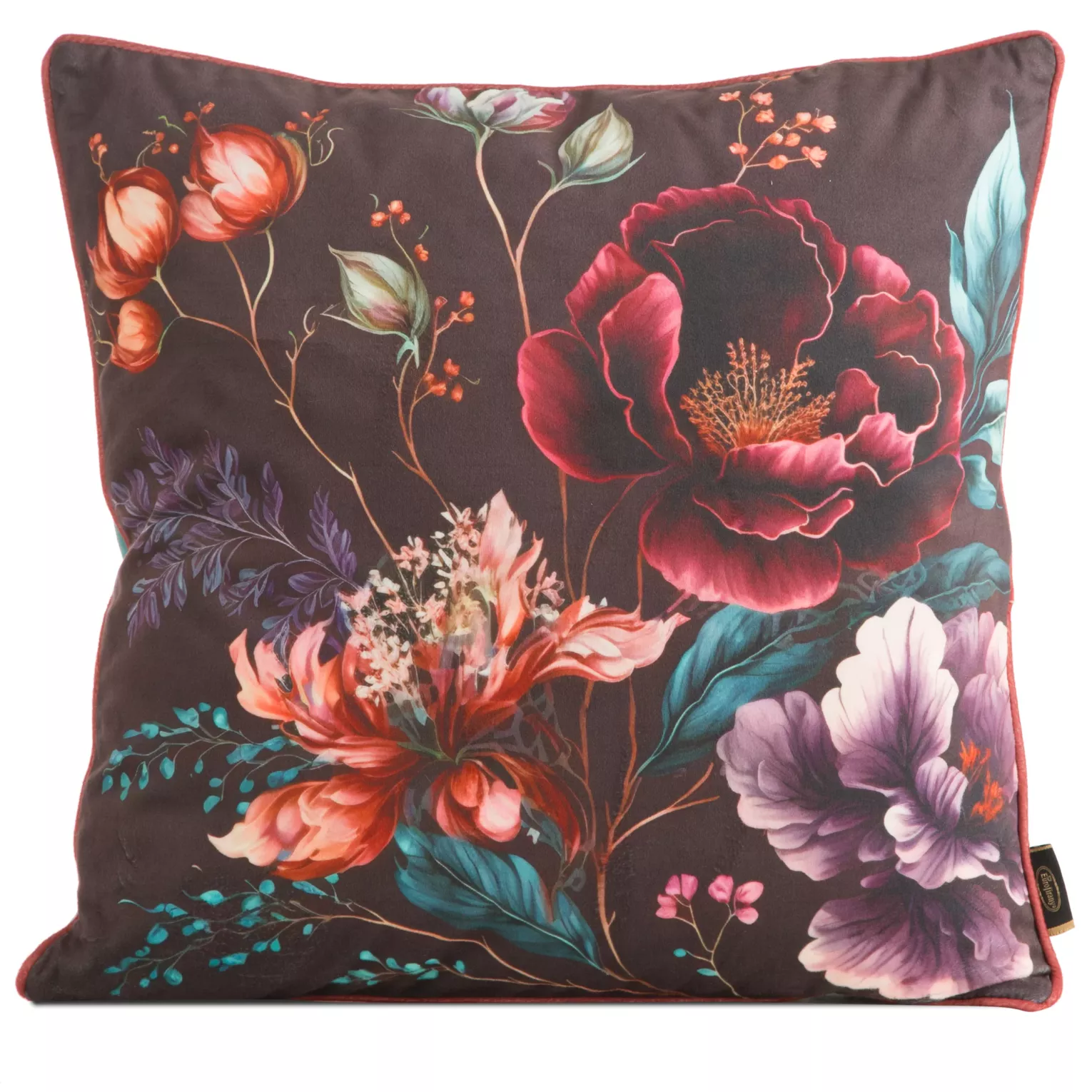 Poszewka na poduszkę 45x45 cm welwetowa, kolor ceglasty, turkusowy, dwustronna z motywem kwiatów VELVET 129 Eurofirany Premium