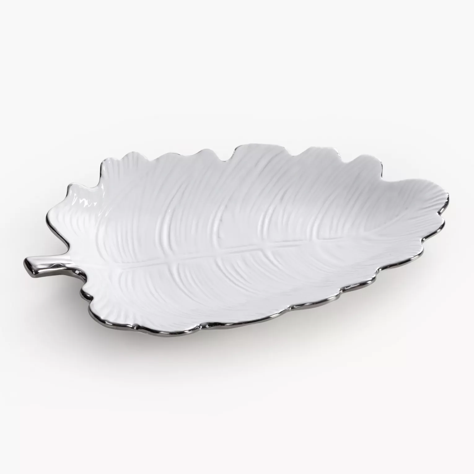 Patera ceramiczna dekoracyjna biało-srebrna  w kształcie liścia 26x18x4 cm ALMA 2