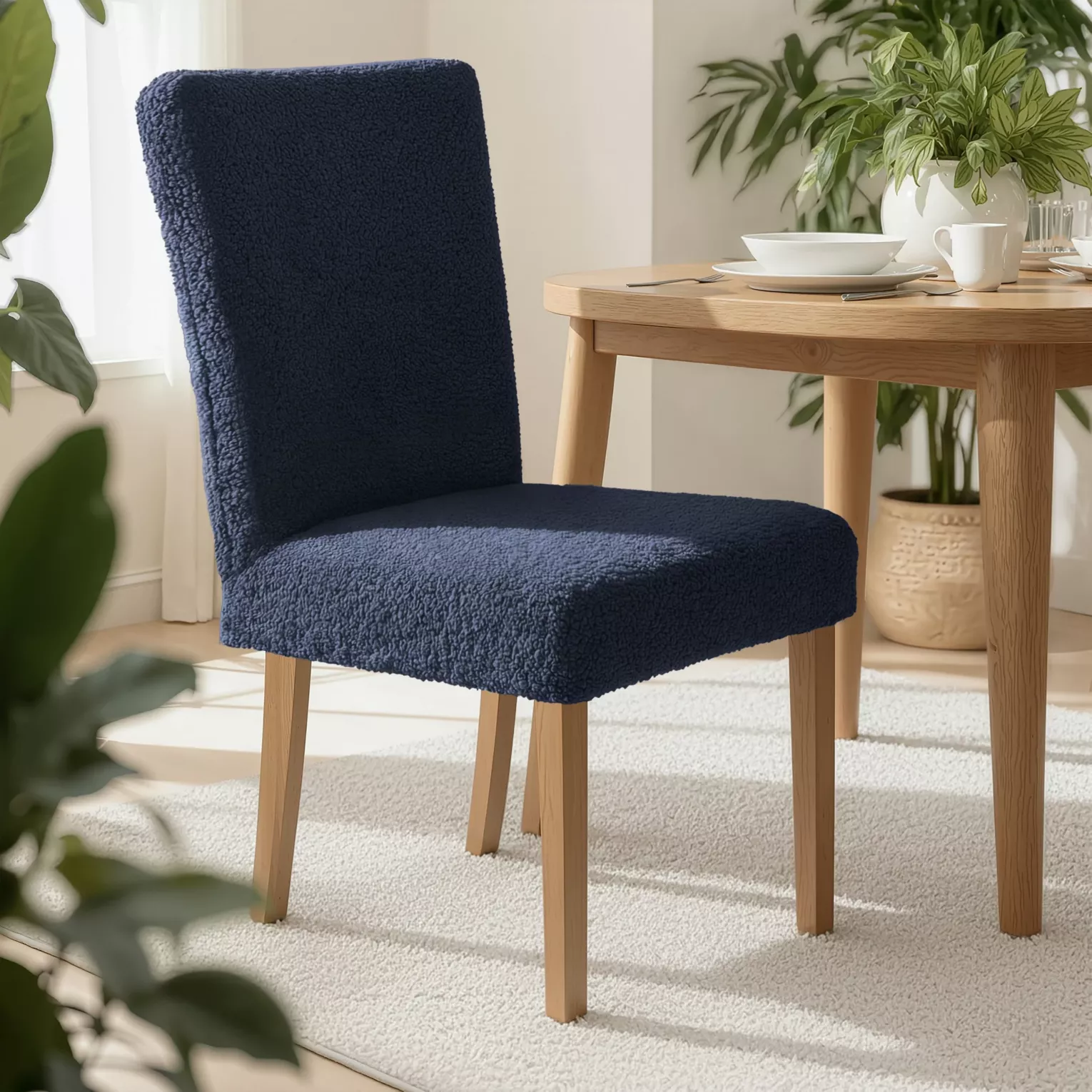 Pokrowiec na krzesło granatowy wodoodporny  o strukturze boucle Design 91