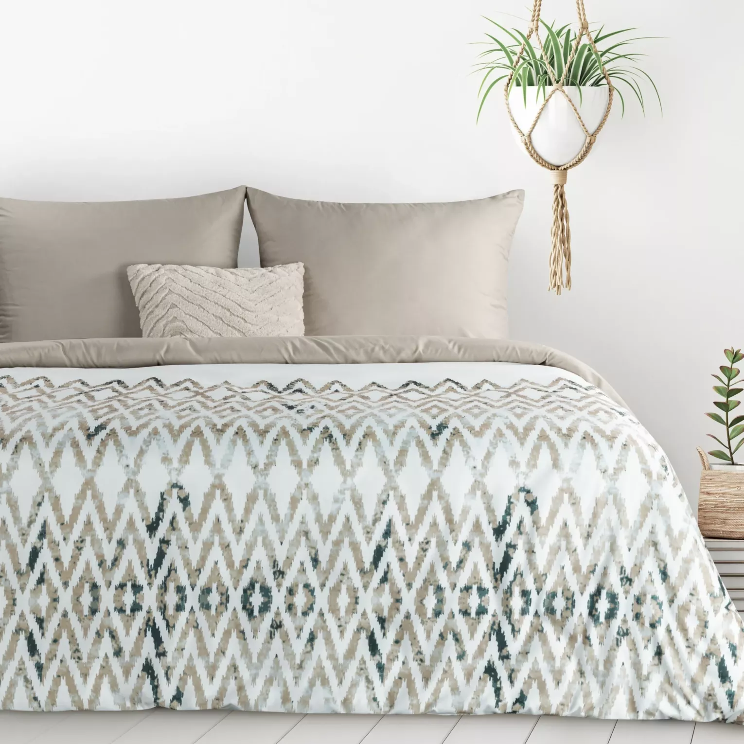 Pościel 160x200 cm komplet 3 częściowy kolor biały, beżowy z motywem geometrycznym VERANO 4 Design 91