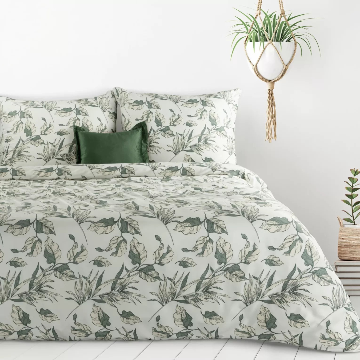 Pościel 220x200 cm komplet 3 częściowy kolor zielono, biały z motywem liści DONNA Design 91