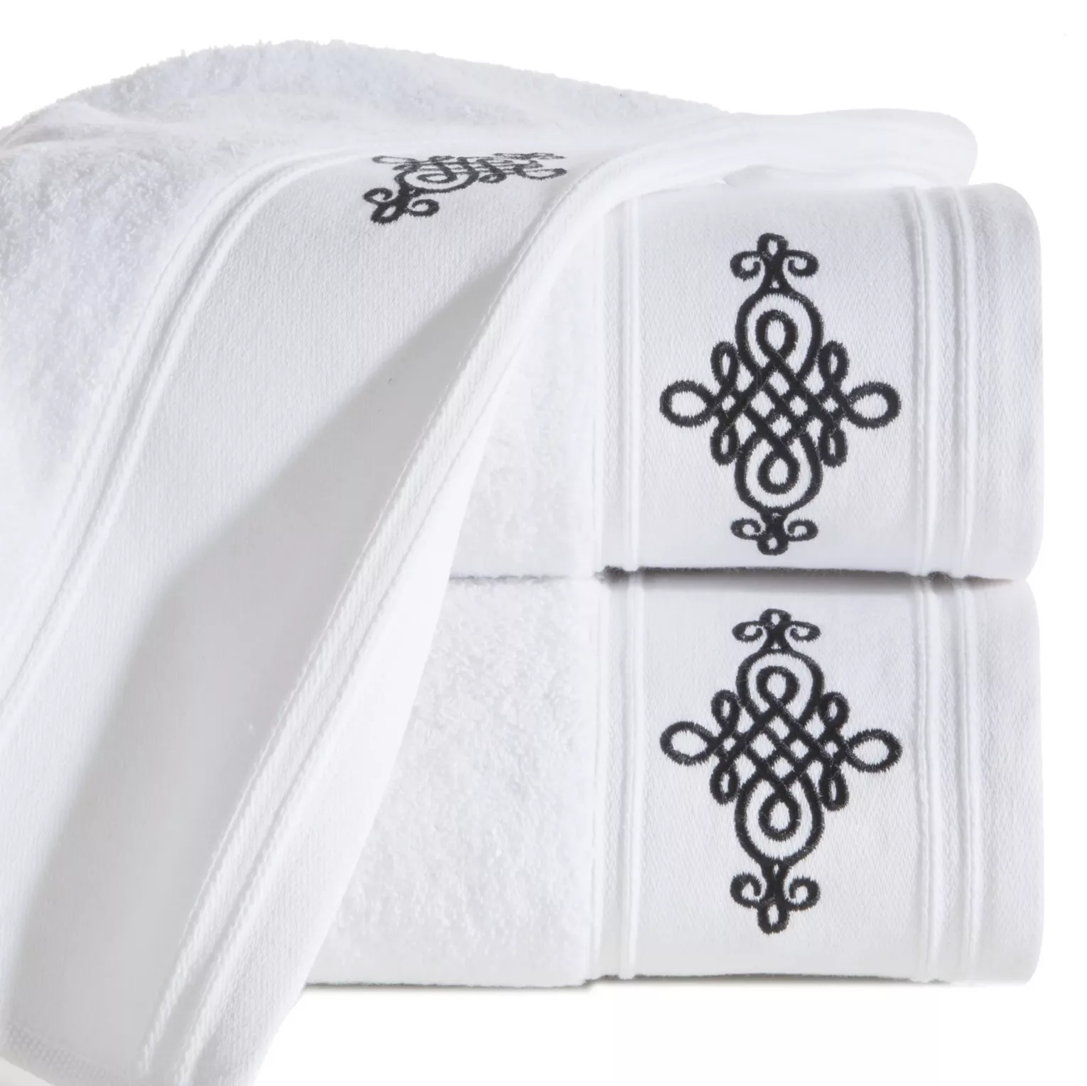 Ręcznik kąpielowy 50x90 cm bawełniany kolor biały z bordiurą zdobioną ornamentowym haftem 600 g/m2 KLAS2