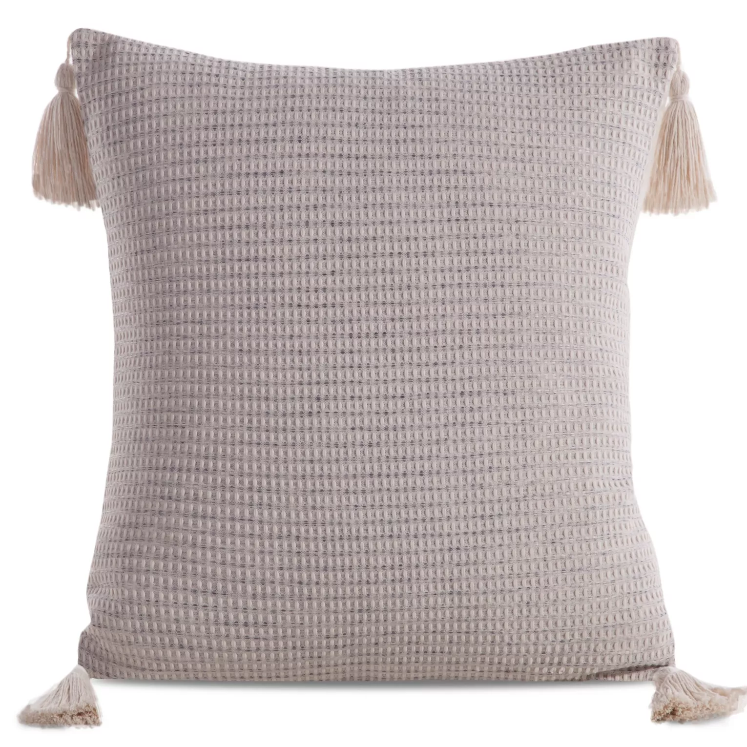 Poszewka na poduszkę 45x45 cm beżowo, szara zdobiona na rogach chwostami BOHO