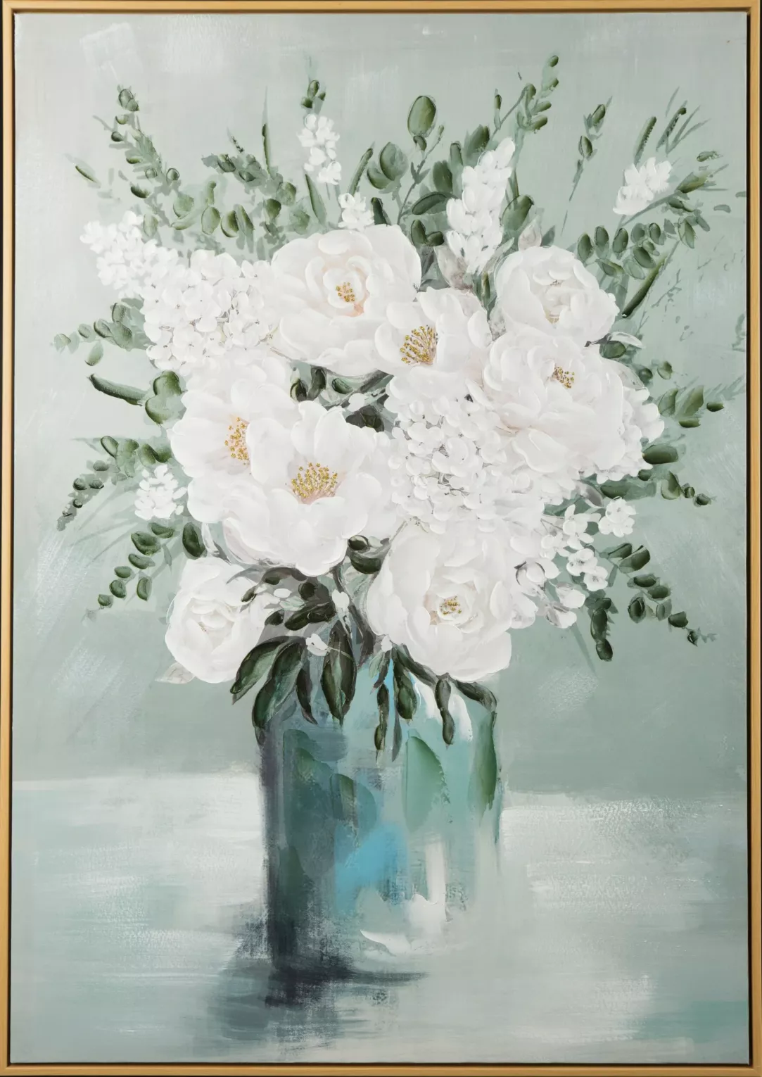Obraz roślinny biało, niebieski ręcznie malowany na płótnie 70x100 cm FLORA