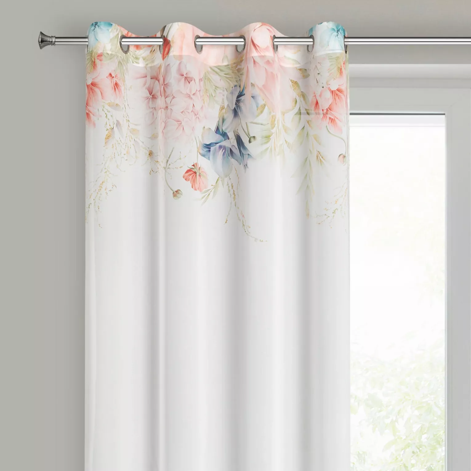 Zasłona biało, różowa zdobiona wzorem botanicznym z etaminy 135x250 przelotka - ARLENA