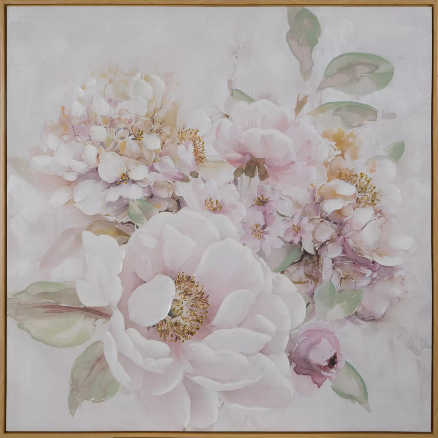 Obraz roślinny beżowo, różowy ręcznie malowany na płótnie 80x80 cm FLORA