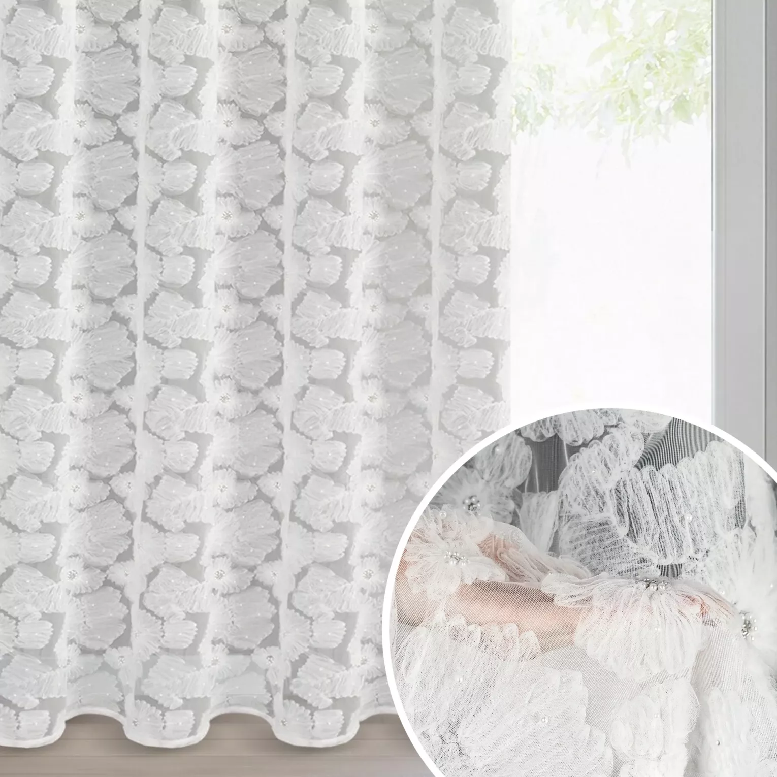 Zasłona biała z siateczki zdobiona kwiatami z dodatkiem drobnych perełek 3D 140x250 cm przelotka - JASMIN Eva Minge