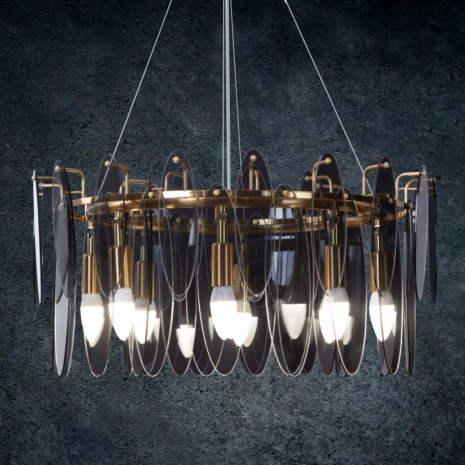 Lampa wisząca do salonu transparentno, grafitowa ze szklanymi zawieszkami z dymionego szkła, z regulacją wysokości 60 x150 cm MARLA