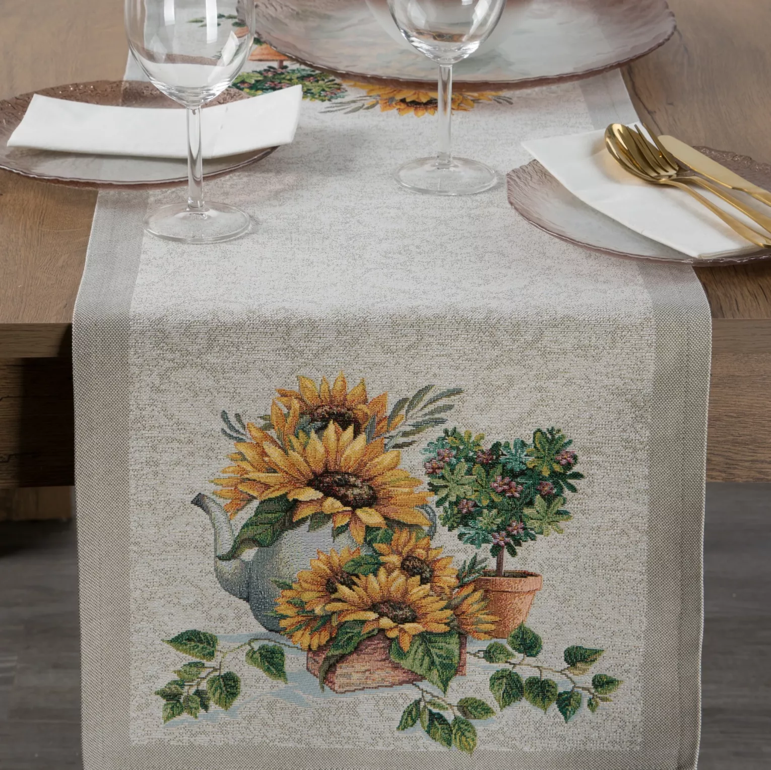 Bieżnik na stół naturalno, żółty 45x140 cm gobelinowy z wzorem kwiatów słonecznika