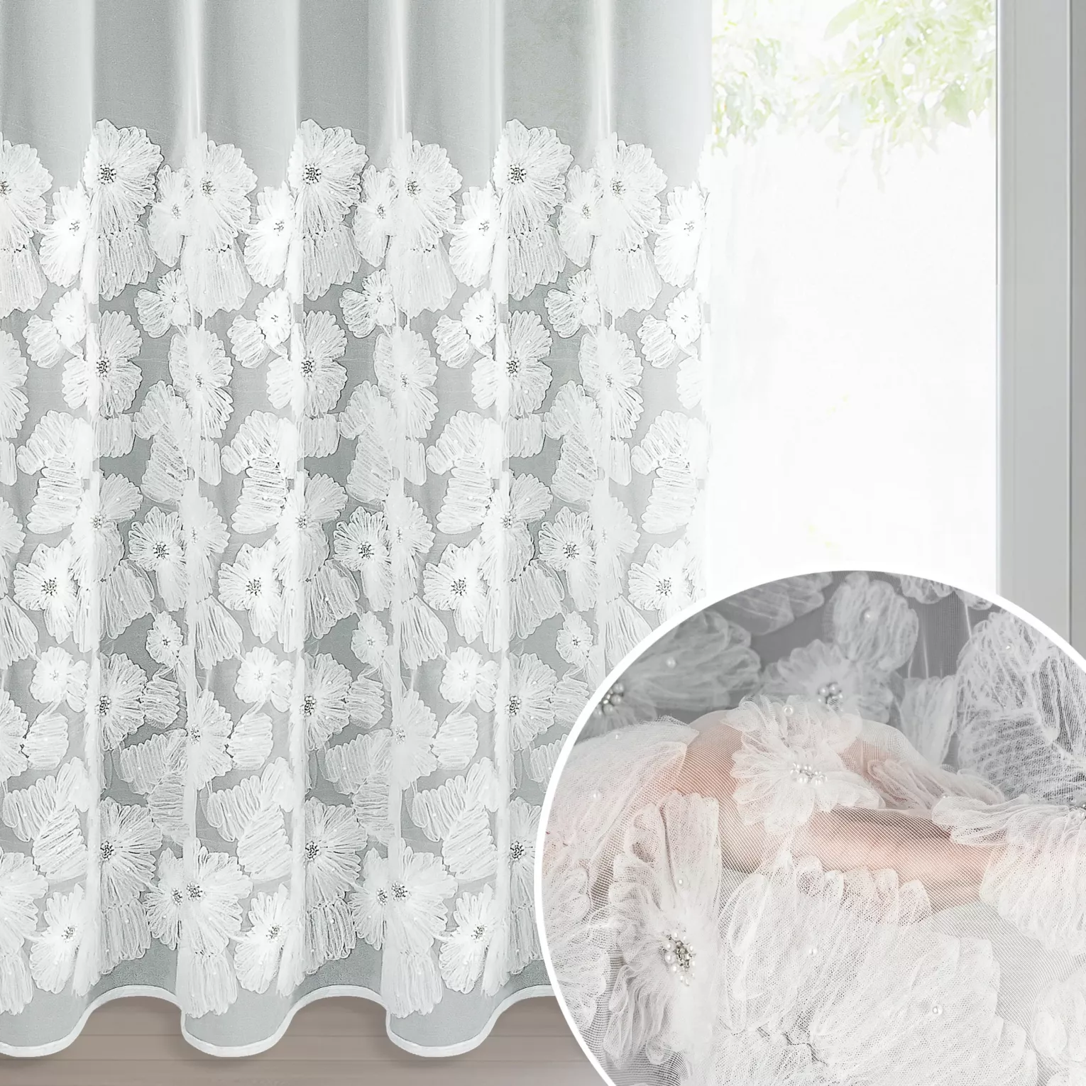 Firana biała z siateczki zdobiona kwiatami z dodatkiem drobnych perełek 3D 140x250 cm przelotka - JASMIN 2 Eva Minge