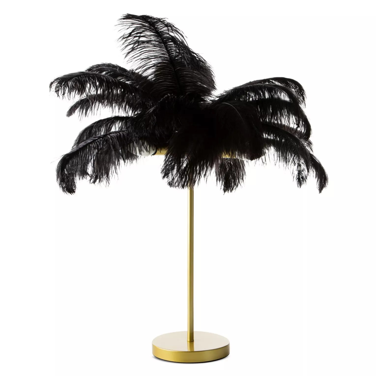 Lampa stołowa do salonu czarno, złota na metalowej podstawie z niezwykle efektownym abażurem z naturalnych strusich piór 65 x 65 x 68 cm FERI