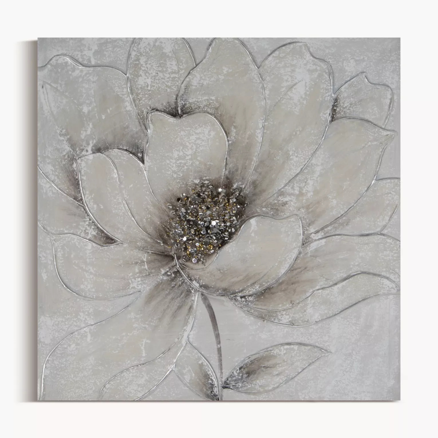Obraz roślinny szaro, srebrzysty ręcznie malowany na płótnie kwiat z dodatkami cyrkonii 50x50 cm FLOWERY 2