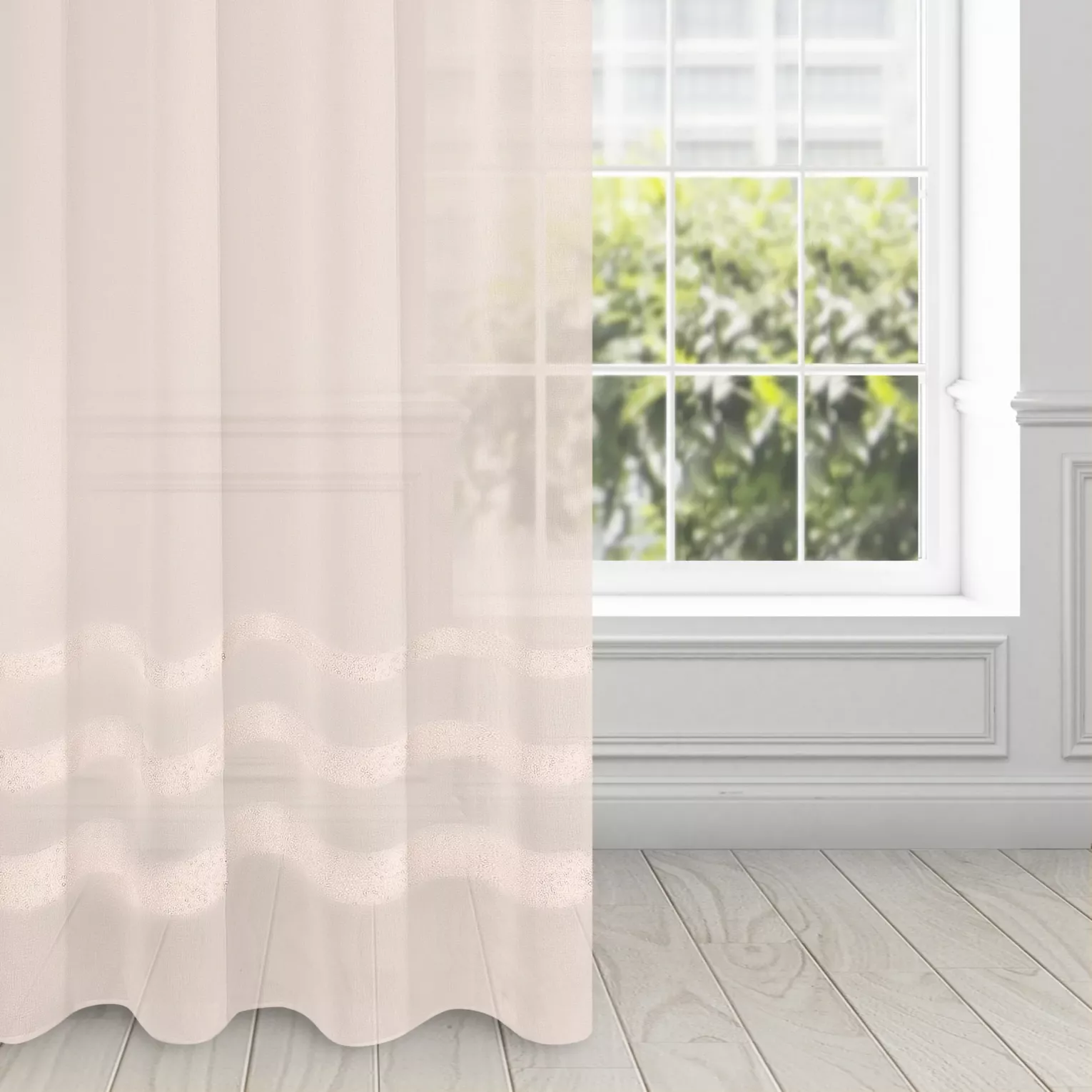 Dekoracja okienna różowa z matowej etaminy zdobiona pasami z moherową błyszczącą nicią 140x250 cm przelotka - EFIL