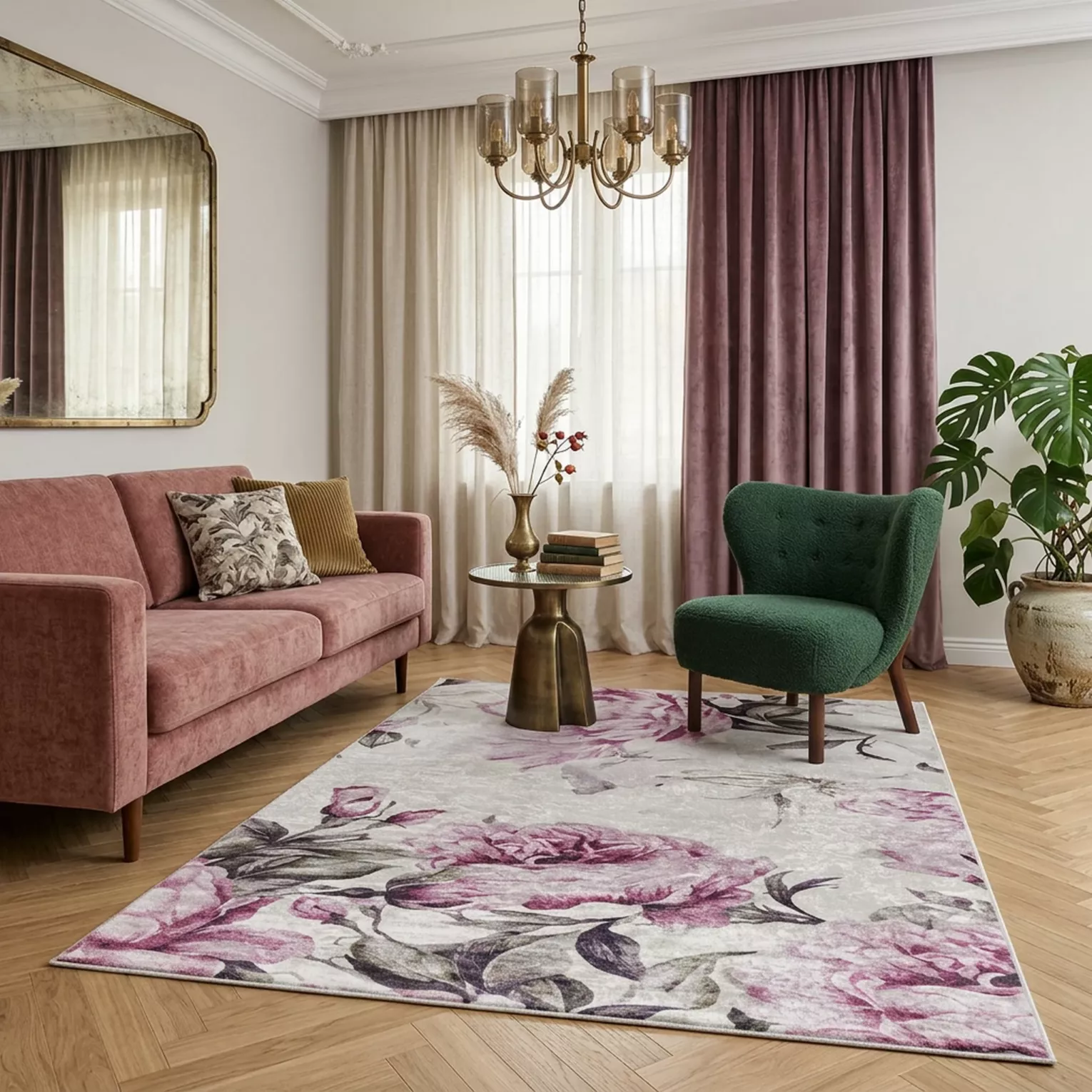 Dywan 160x220 cm różowo, kremowy z motywem kwiatu peonii LOTUS2