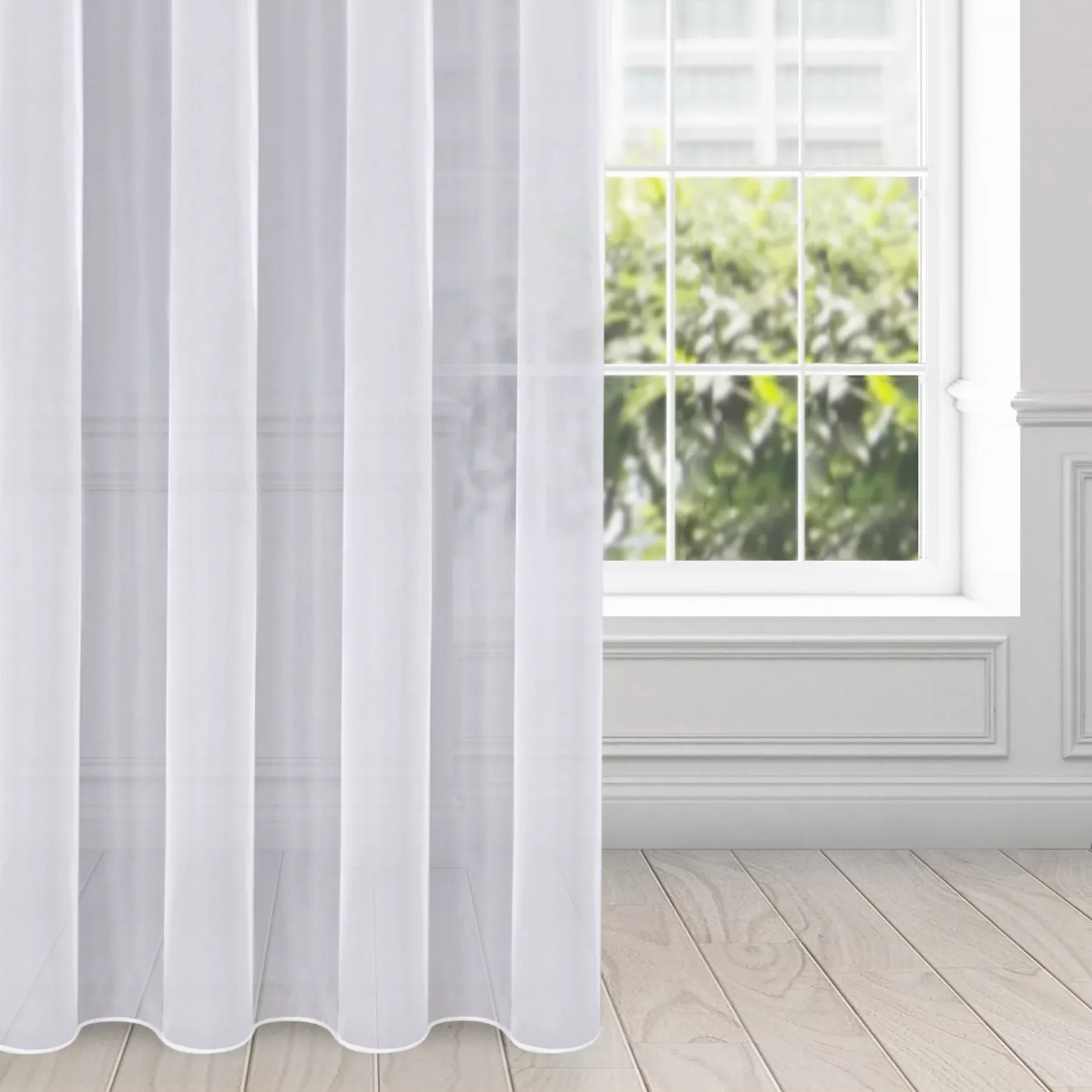 Firana biała z gładkiego mlecznego woalu wykończona szwem obciążającym VIOLET 400x200 cm taśma