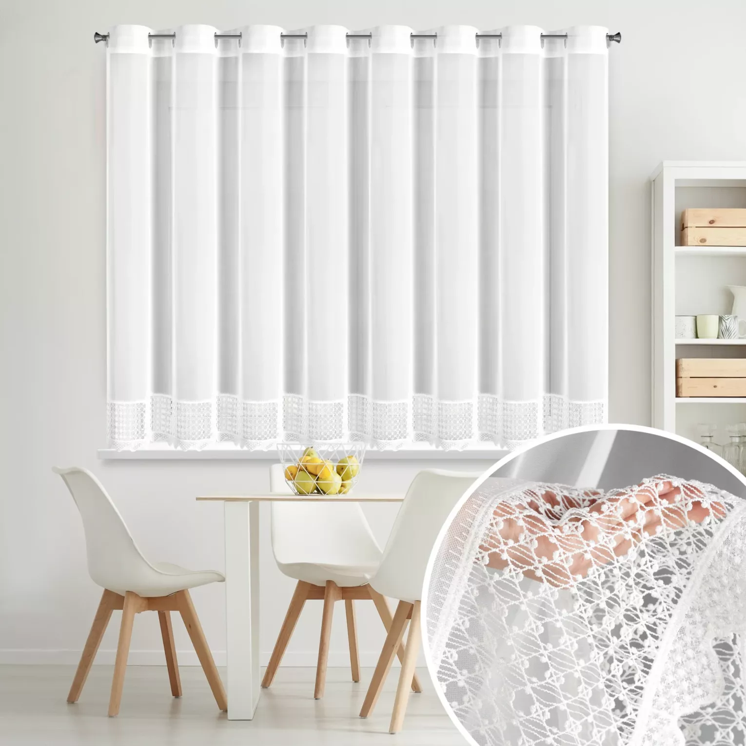 Firana biała z mikrosiateczki zdobiona ażurową koronką 350x150 cm przelotka - KATRINA