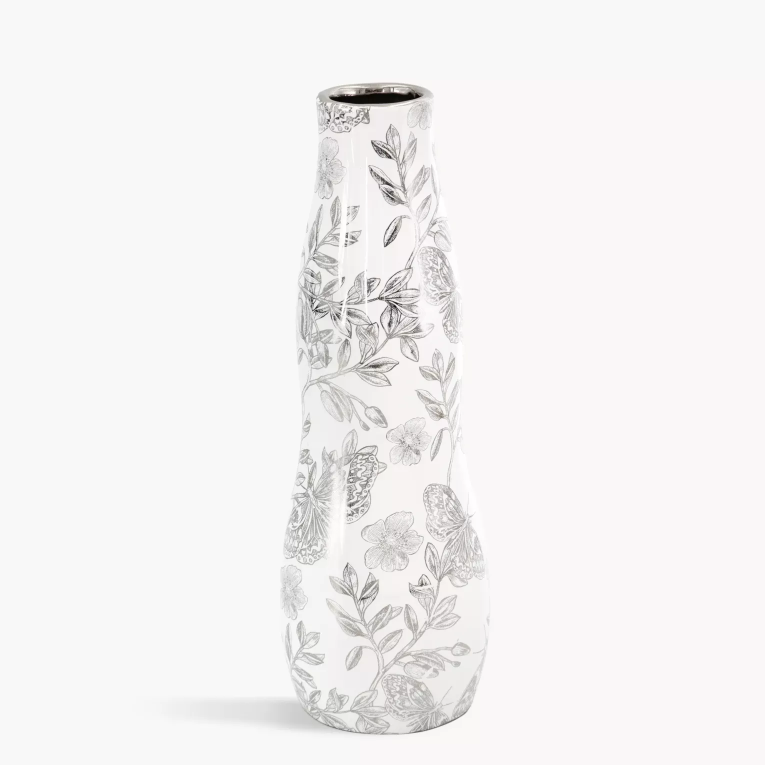 Wazon dekoracyjny biało, srebrny zdobiony roślinnym wzorem 10x30 cm RITA