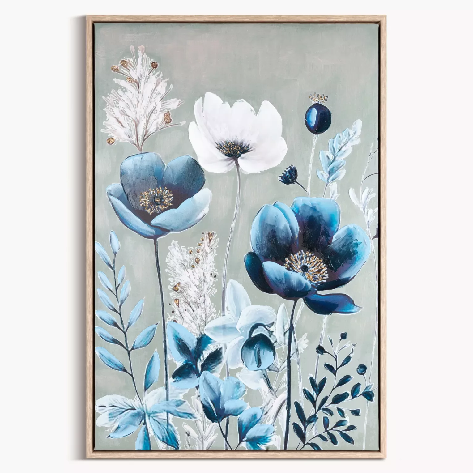 Obraz niebiesko, biały nadruk na płótnie w kwiaty 60x90 cm