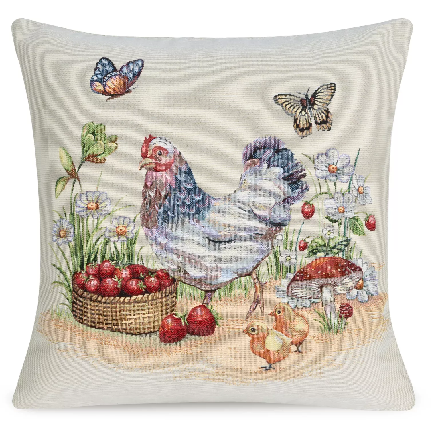 Poszewka na poduszkę 45x45 cm gobelinowa naturalno czerwona z tkanym motywem kury