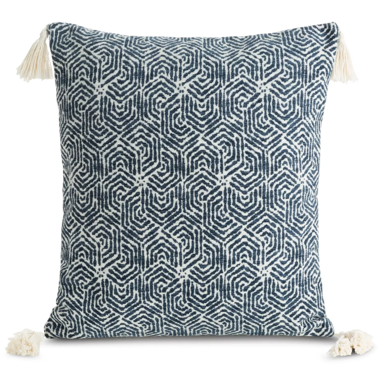 Poszewka na poduszkę 45x45 cm granatowo, kremowa w stylu boho zdobiona chwostami na rogach poszewki FABIA