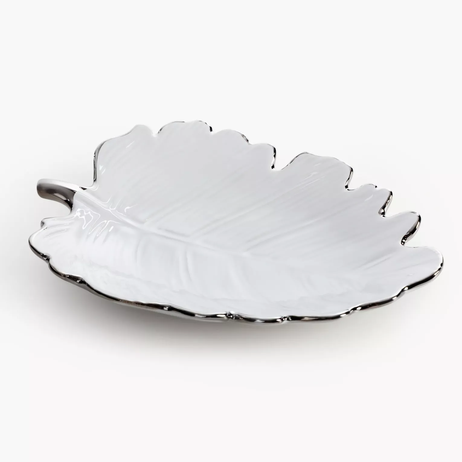 Patera ceramiczna dekoracyjna biało-srebrna  w kształcie liścia 20x15x4 cm ALMA 3