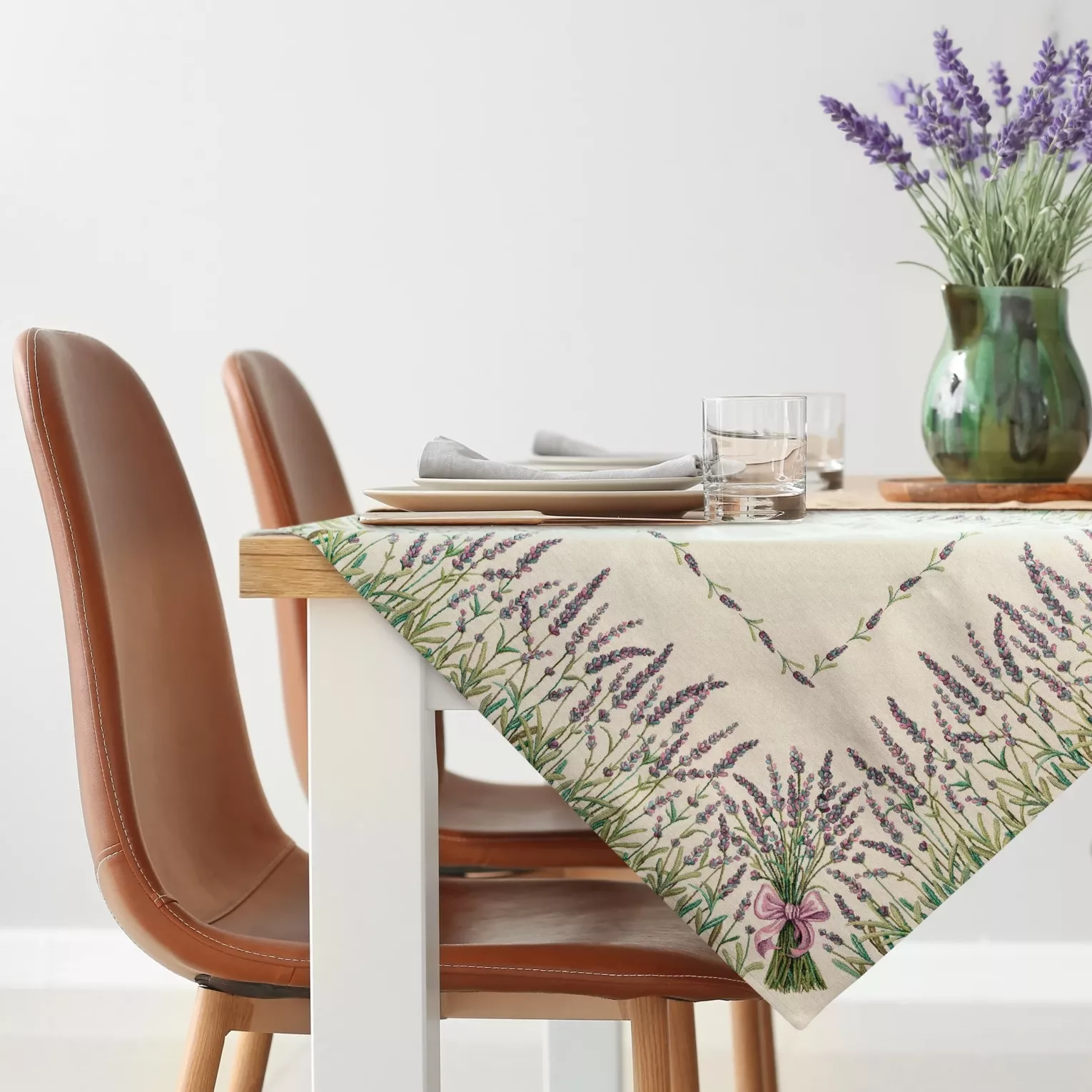 Obrus naturalno, zielony 100x100 cm gobelinowy z tkanym motywem lawendy