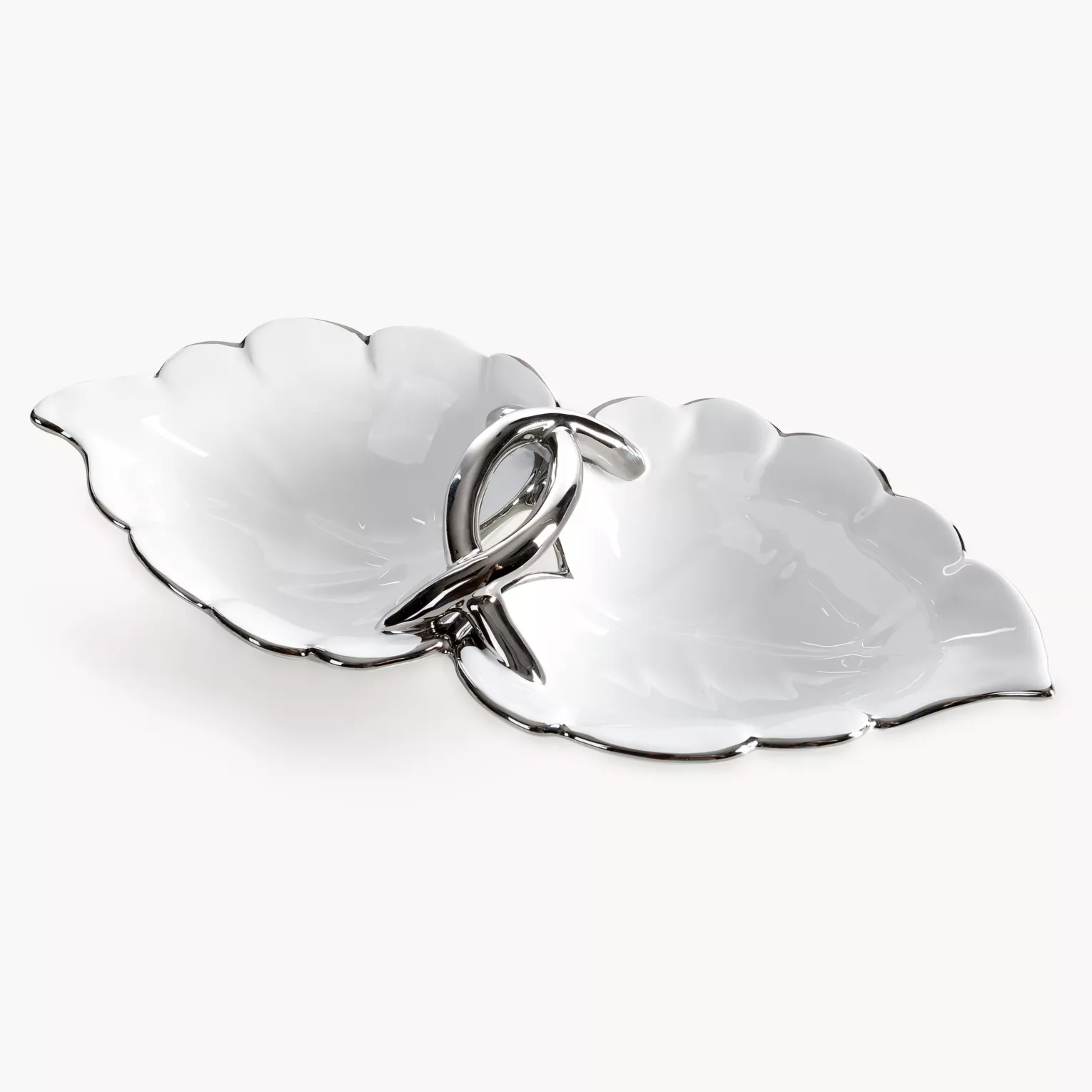 Misa dekoracyjna biało, srebrna w kształcie liścia 35x16x8 cm DONA