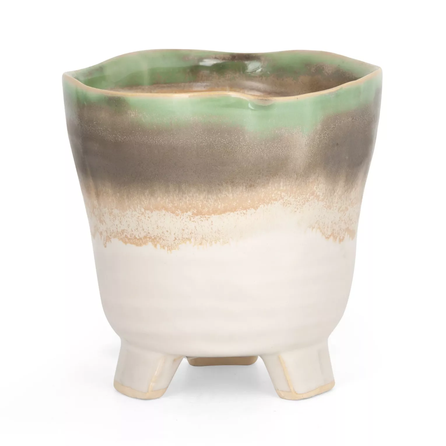 Osłonka ceramiczna na donicę  kremowo-beżowa w stylu boho z cieniowaniem średnica 15x15 cm KATIA