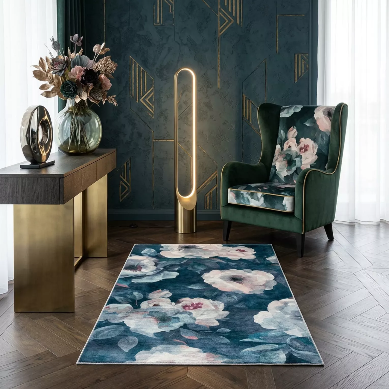 Dywan 50x80 cm ciemnoniebiesko, pudrowy z motywem kwiatu róży LOTUS 5