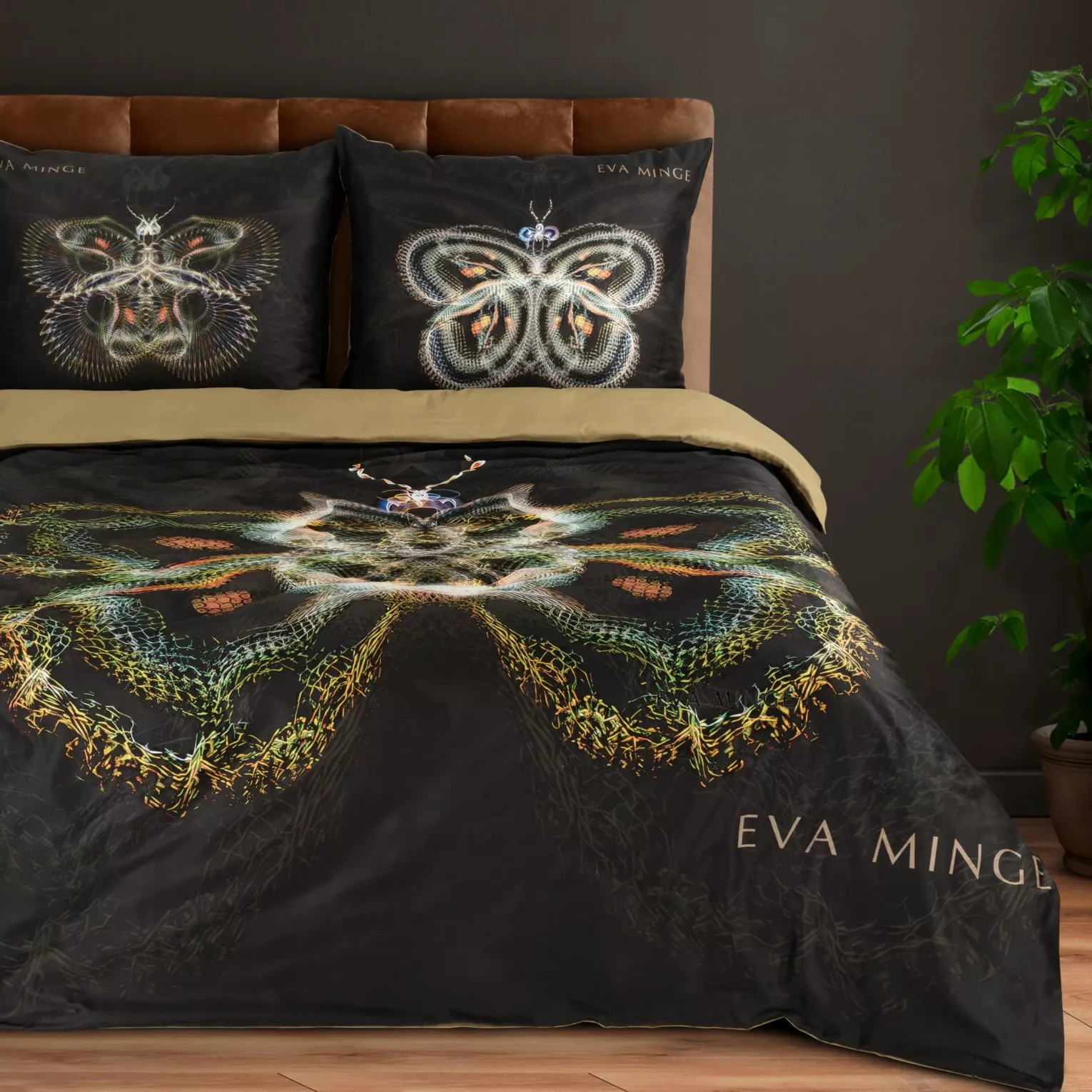 Pościel bawełniana z makostyny 160x200 cm komplet 3 częściowy kolor czarny, złoty z designerskim wzorem EVA 11 Eva Minge