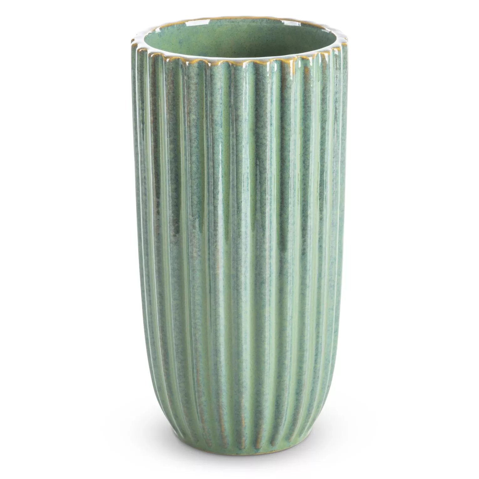 Wazon ceramiczny zielono-beżowy na donicę  ze żłobieniami średnica 13x25 cm ARINA