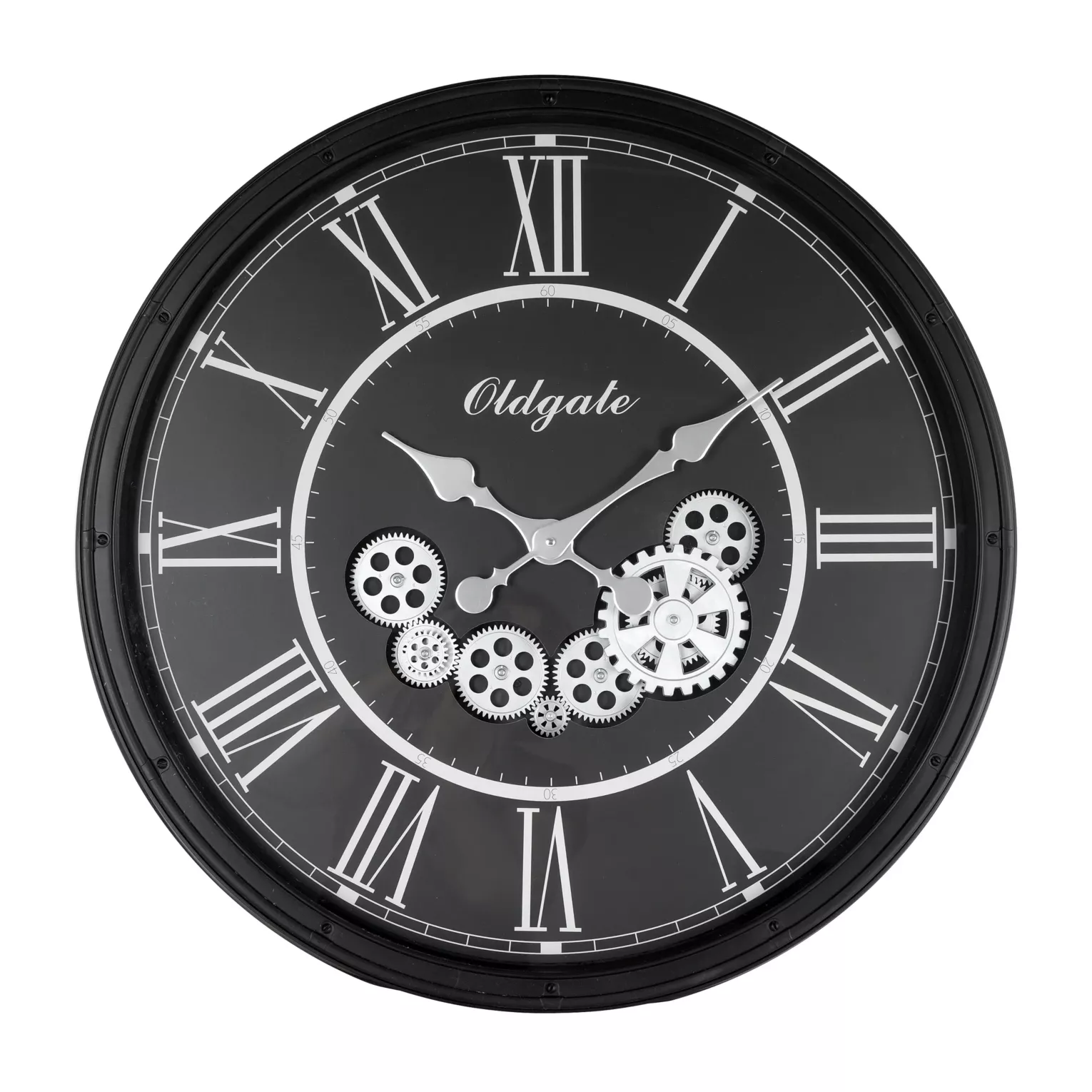 Zegar ścienny biało-czarny w stylu retro z ruchomymi kołami zębatymi średnica 72x8 cm