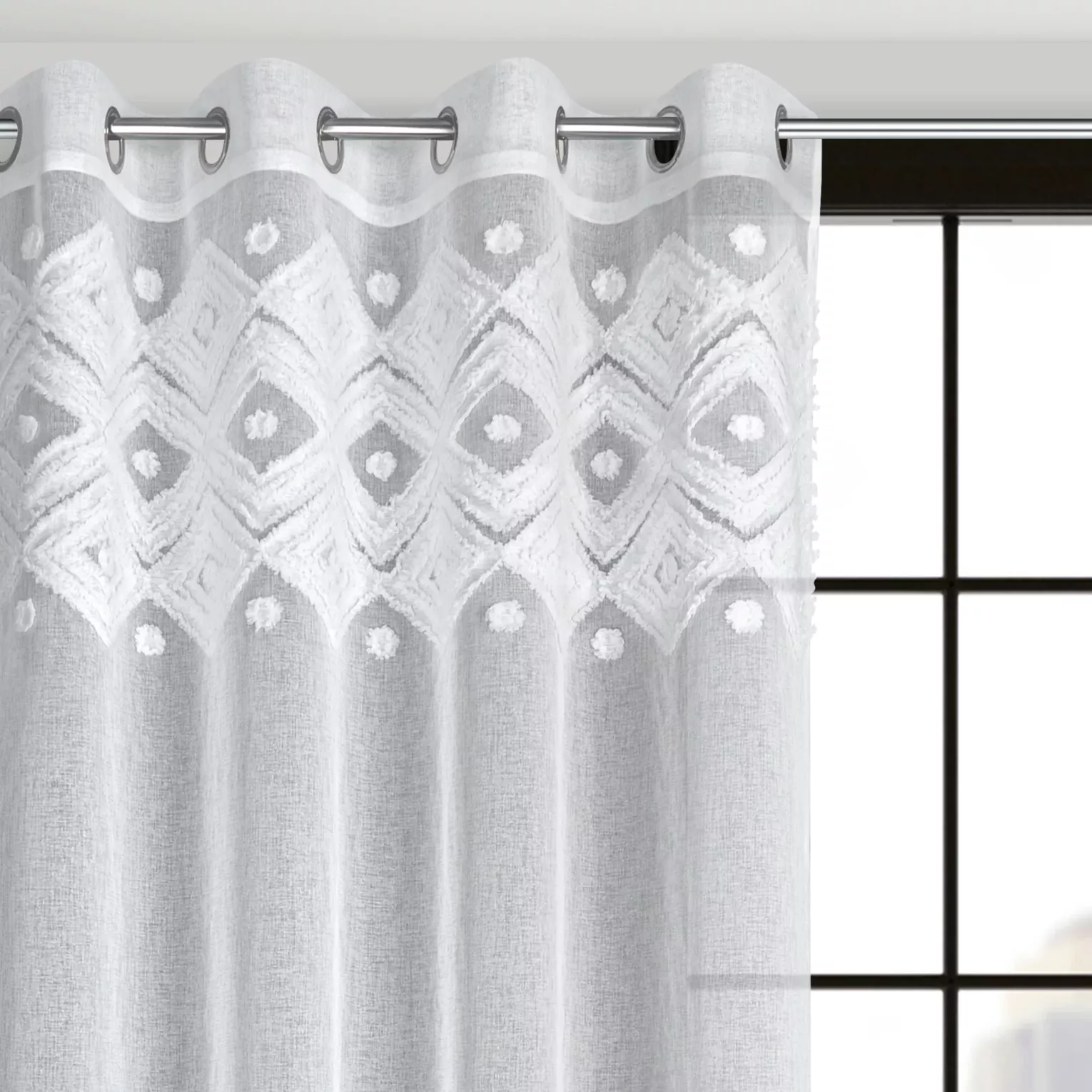 Dekoracja okienna biała z miękkim trójwymiarowym wzorem w stylu boho 140x250 cm przelotka - ESTERA